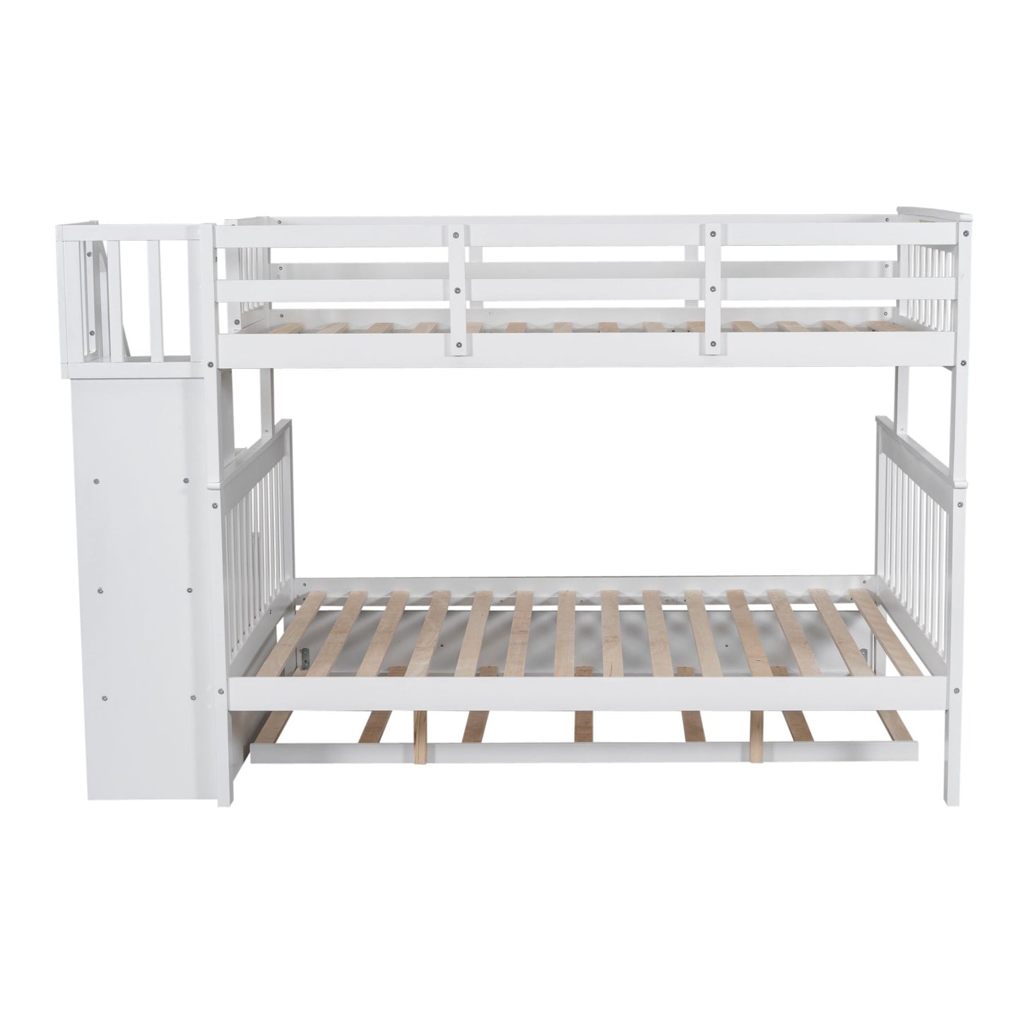 Heavy-Duty Twin Over Full Wood Bunk Bed with Twin Trundle, Storage and Guard Rail, White | Just Better Bunk Beds