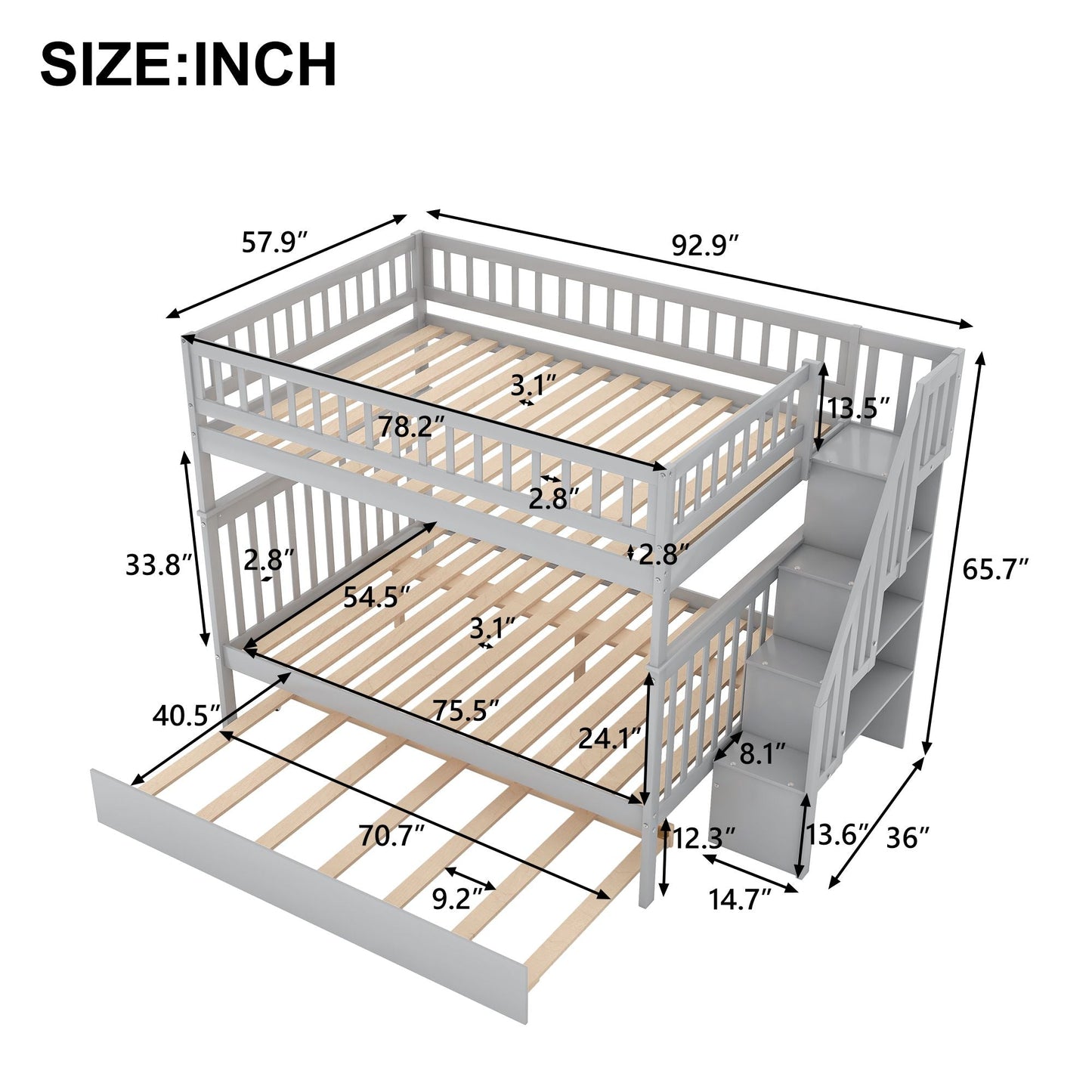 Staircase Storage Full Over Full Wood Bunk Bed with Trundle, Gray | Just Better Bunk Beds