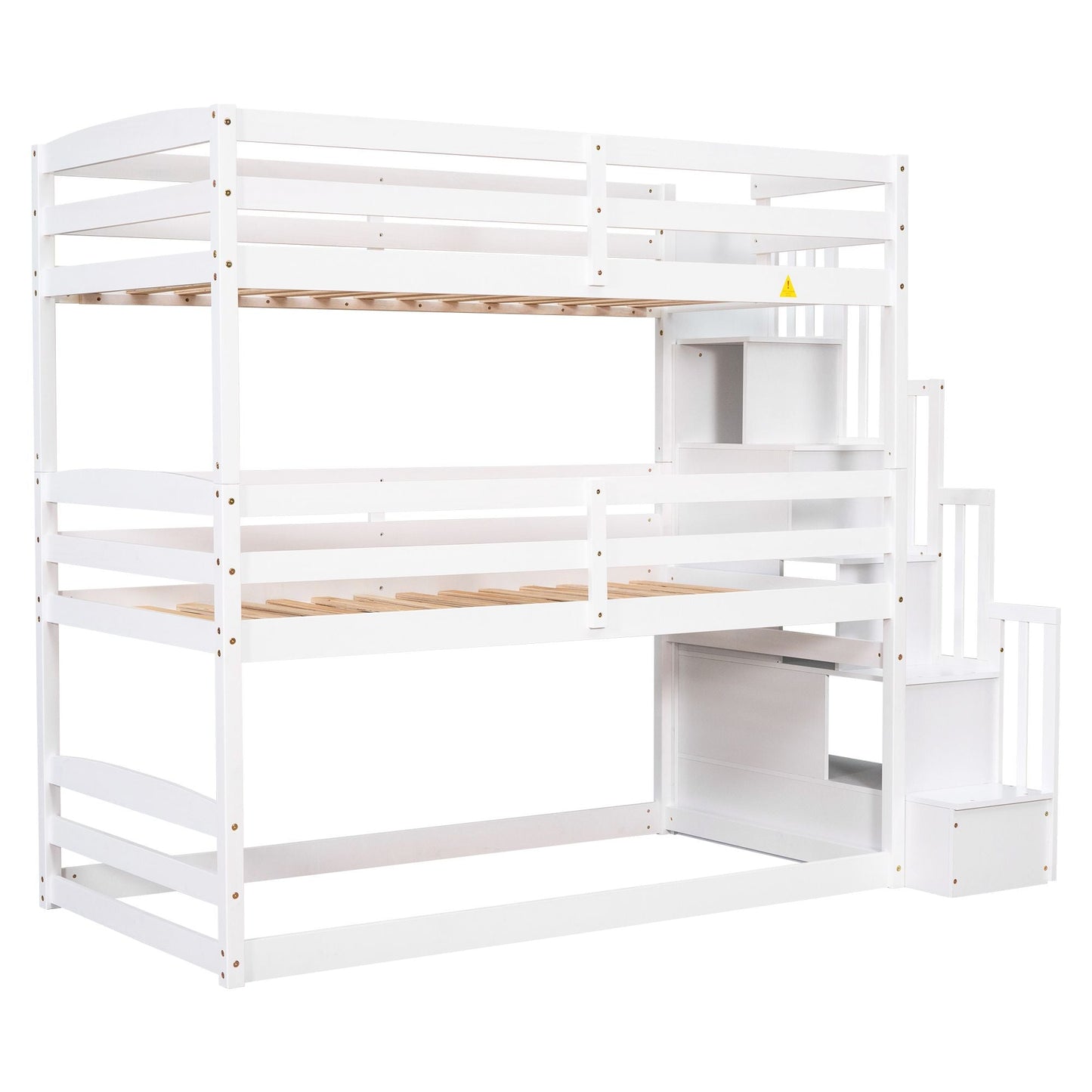 Shared Room Solution Twin Triple Wood Bunk Bed with Storage Staircase, White | Just Better Bunk Beds