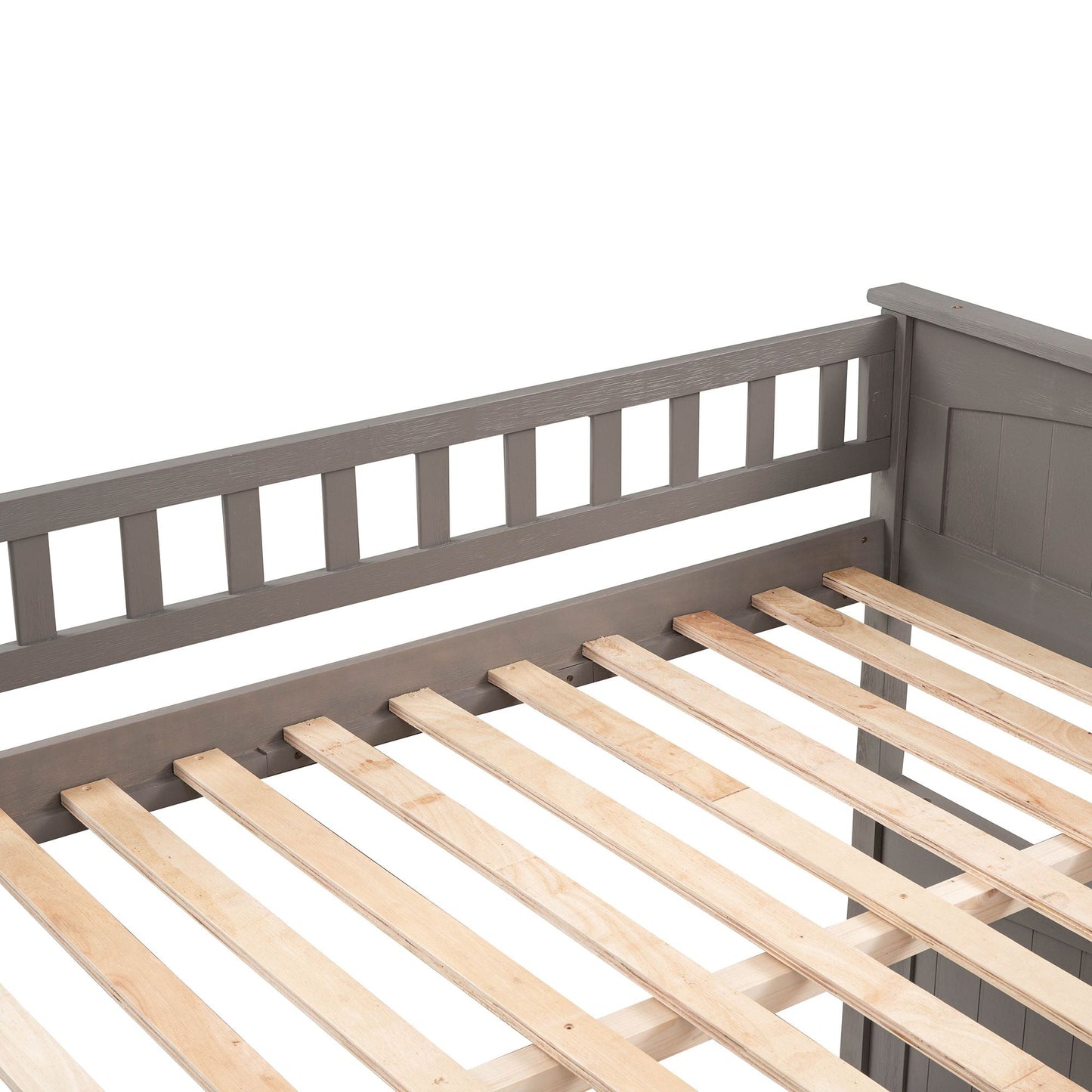 Shared Room Solution Full Over Full Pine Wood Bunk Bed with Twin Trundle and Guardrails, Brushed Gray | Just Better Bunk Beds