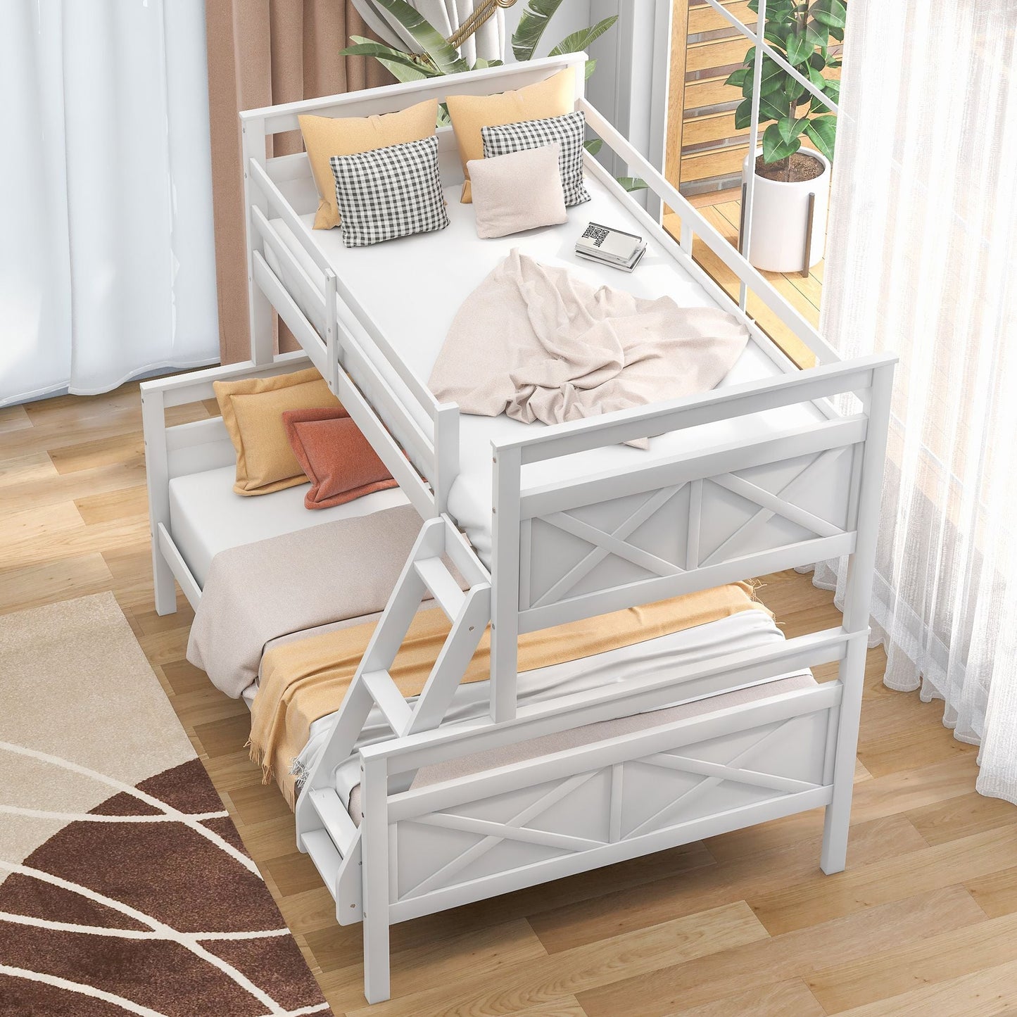 Kids Bedroom Twin Over Full Wood Bunk Bed with Ladder and Safety Guardrail, Gray | Just Better Bunk Beds