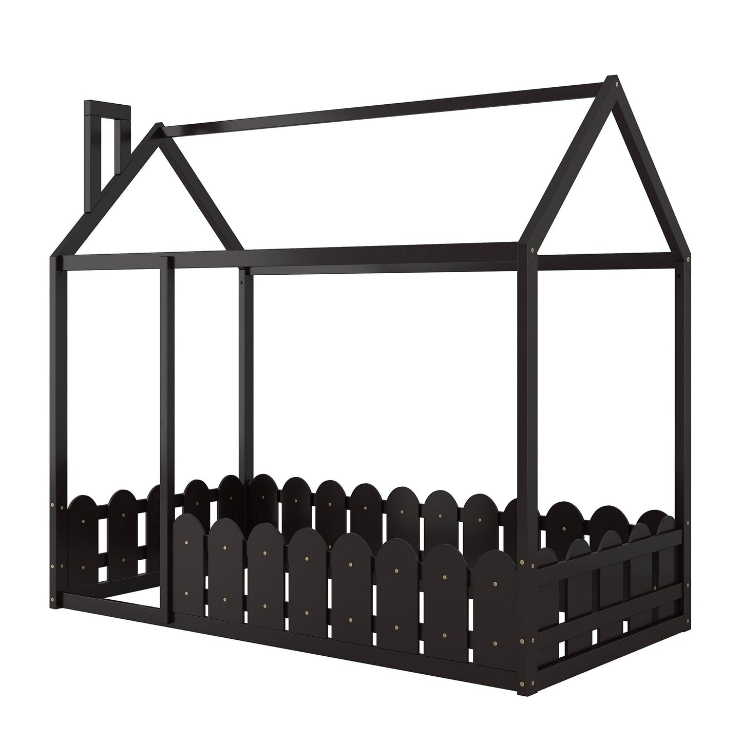 House-Style Twin Wood Bed Frame with Fence for Kids and Teens, Espresso, Gray, White | Just Better Bunk Beds