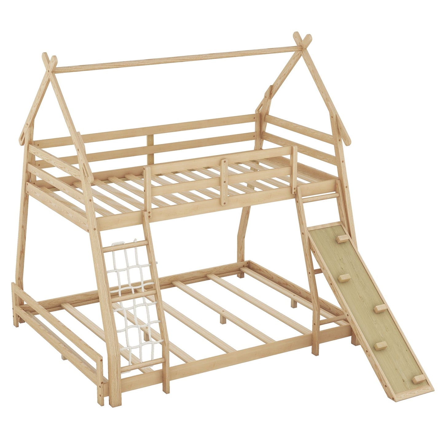 Shared Room Solution Twin Over Queen Wood House Bunk Bed with Climbing Nets and Ramp, Natural | Just Better Bunk Beds