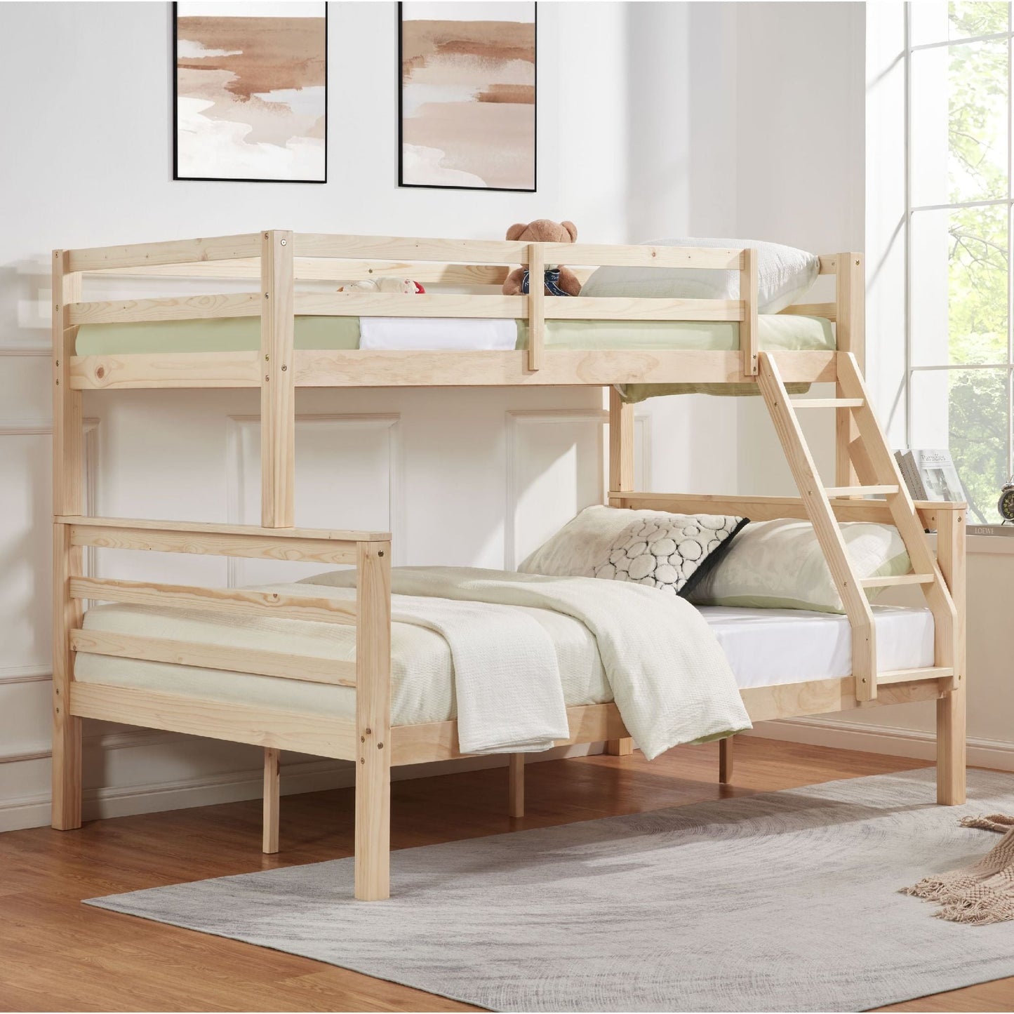 Durable Twin Over Full Wood Bunk Bed with Thick Posts, High Guardrail, Ladder, Natural | Just Better Bunk Beds