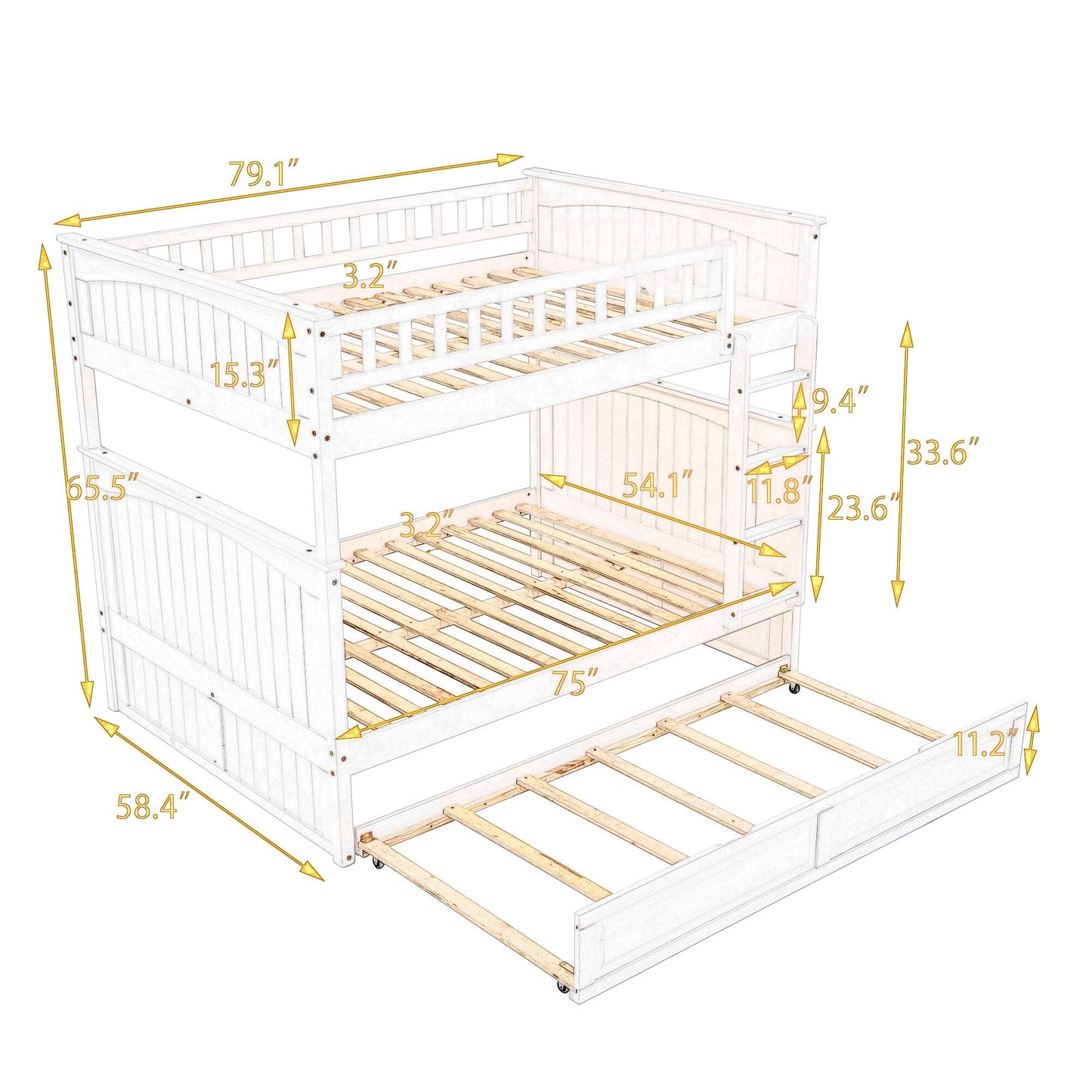 Shared Room Solution Full Over Full Pine Wood Bunk Bed with Twin Trundle and Guardrails, Brushed Gray | Just Better Bunk Beds