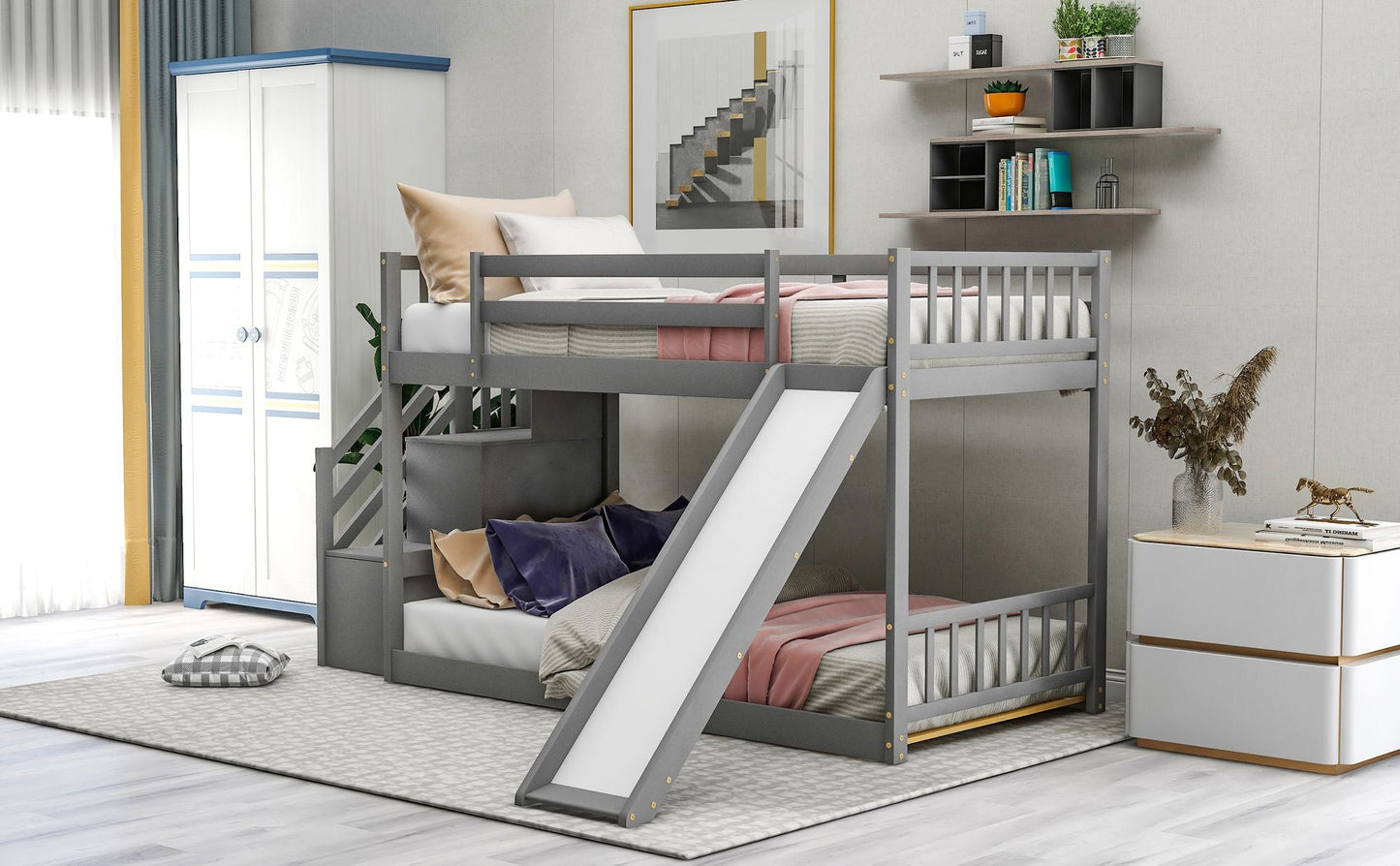 Twin over Twin Bunk Bed with Convertible Slide and Stairway,  Gray