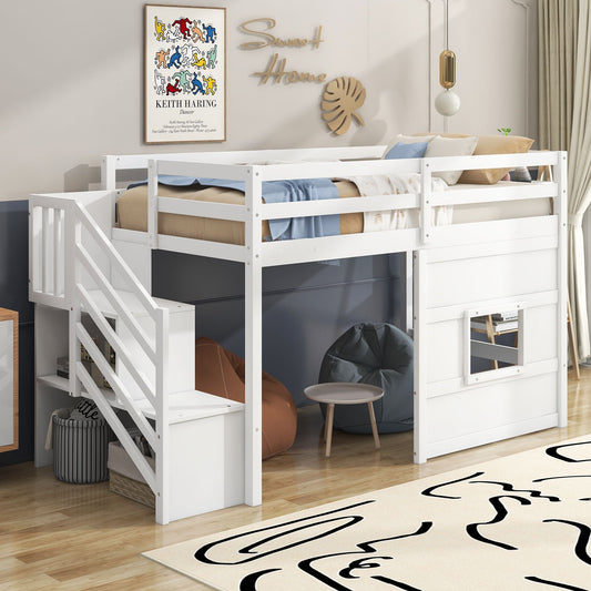 Space-Saving Twin Loft Wood Bed with Storage Staircase and Window, White | Just Better Bunk Beds