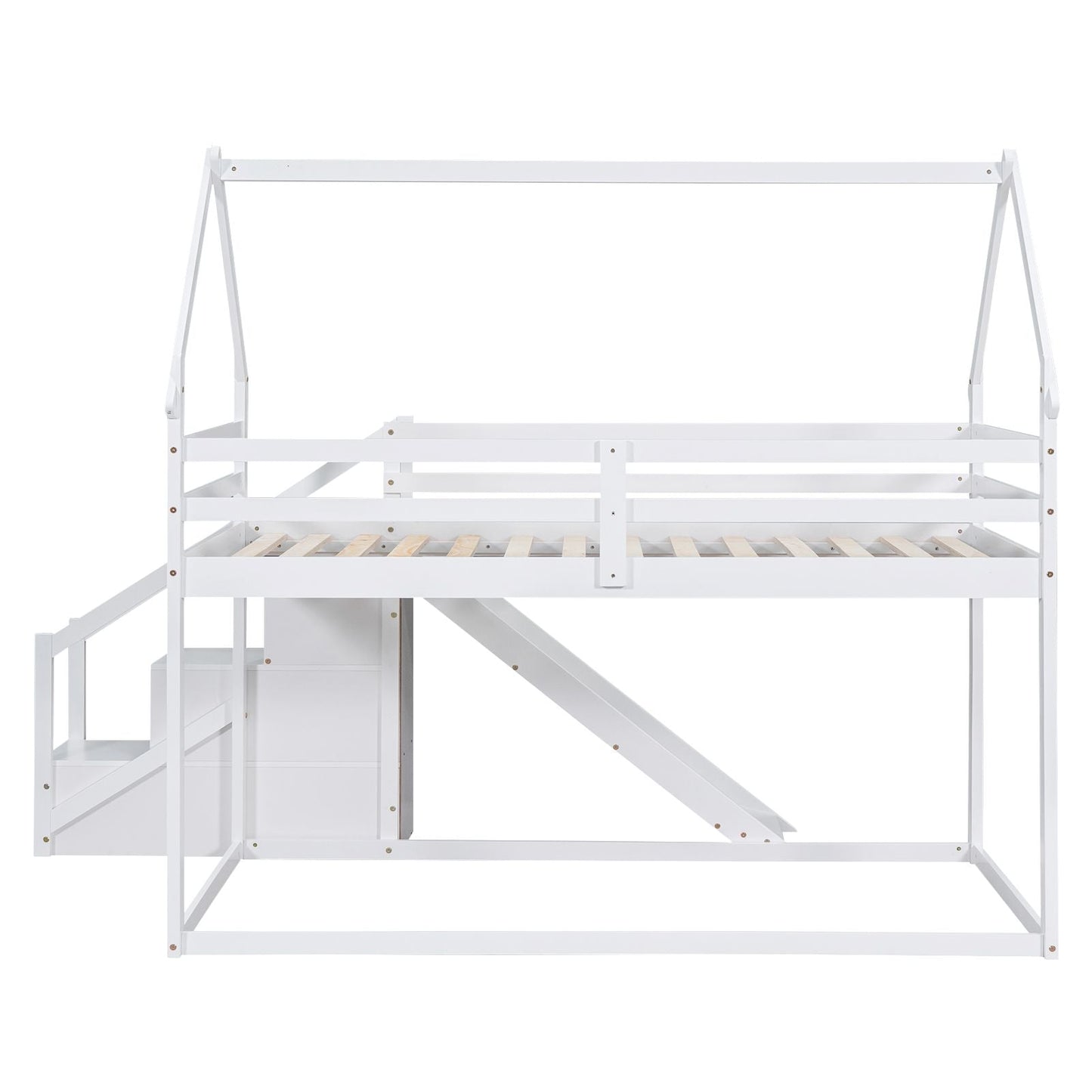 Kids Bedroom Twin Over Twin Wood House Loft Bed with Slide and Staircase, White | Just Better Bunk Beds