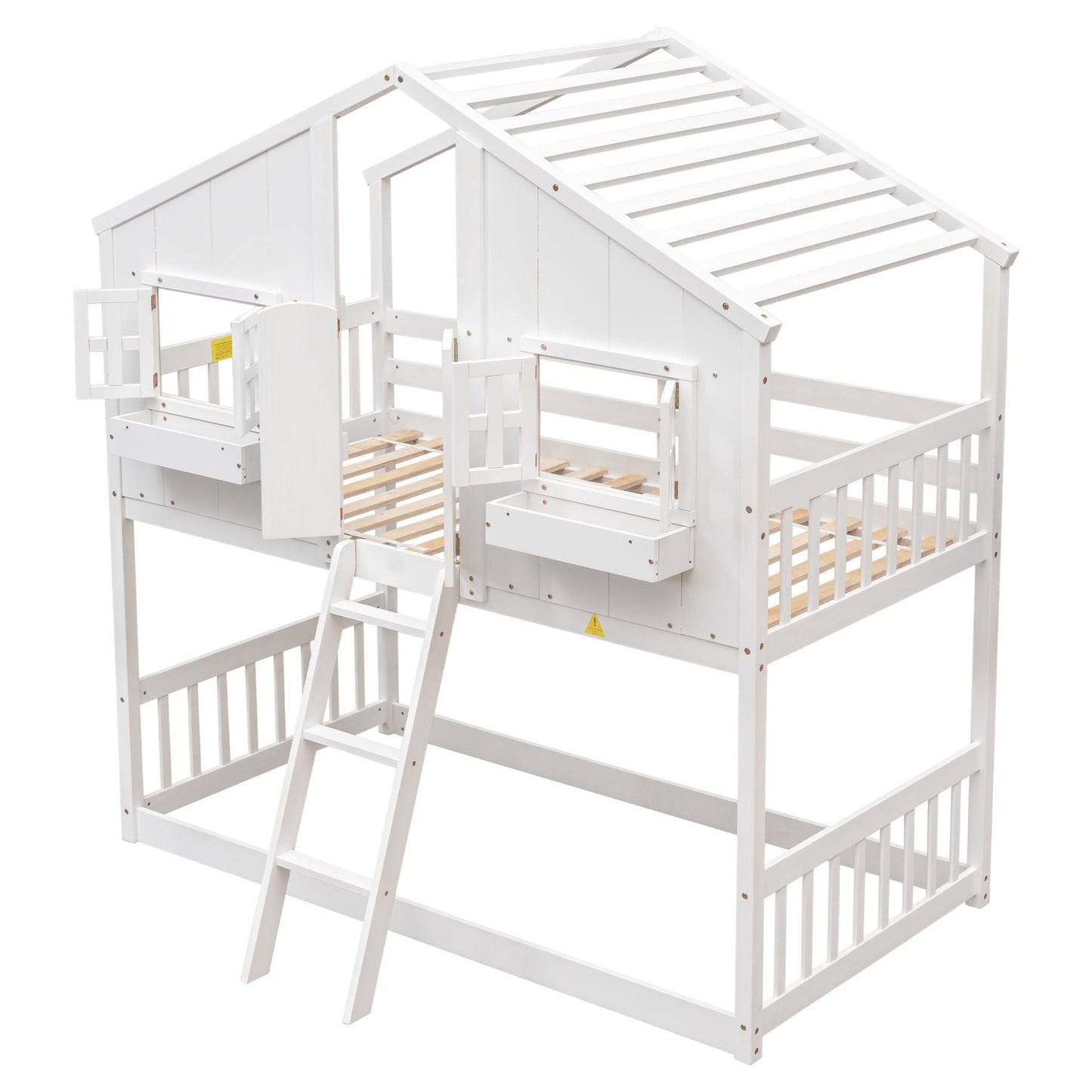 House-Style Twin Over Twin Wood Bunk Bed with Roof, Window, Door, and Ladder, Multiple Colors | Just Better Bunk Beds