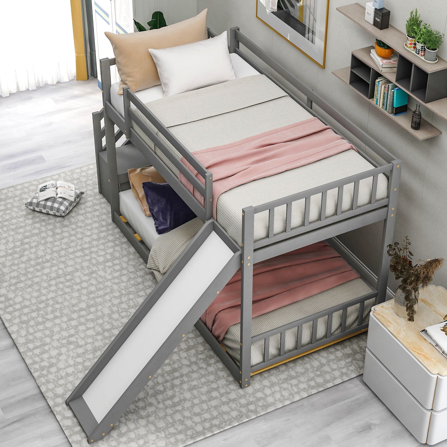 Twin over Twin Bunk Bed with Convertible Slide and Stairway,  Gray