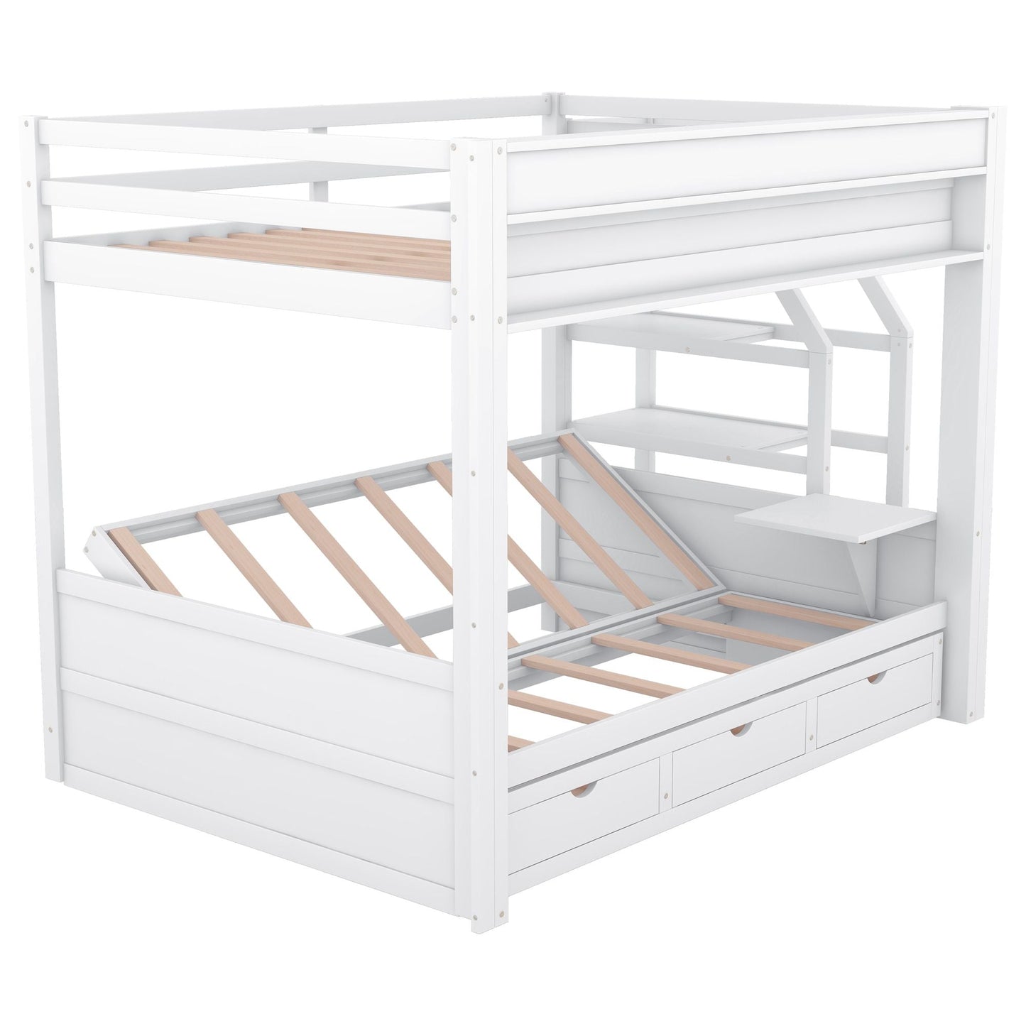 Convertible Full Wood Bunk Bed with Storage Staircase, Bedside Table, 3 Drawers, White | Just Better Bunk Beds
