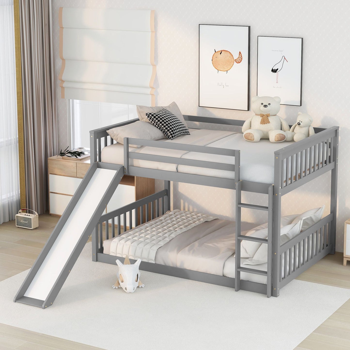 Space-Saving Full Over Full Wood Bunk Bed with Slide and Safety Guardrails, White | Just Better Bunk Beds