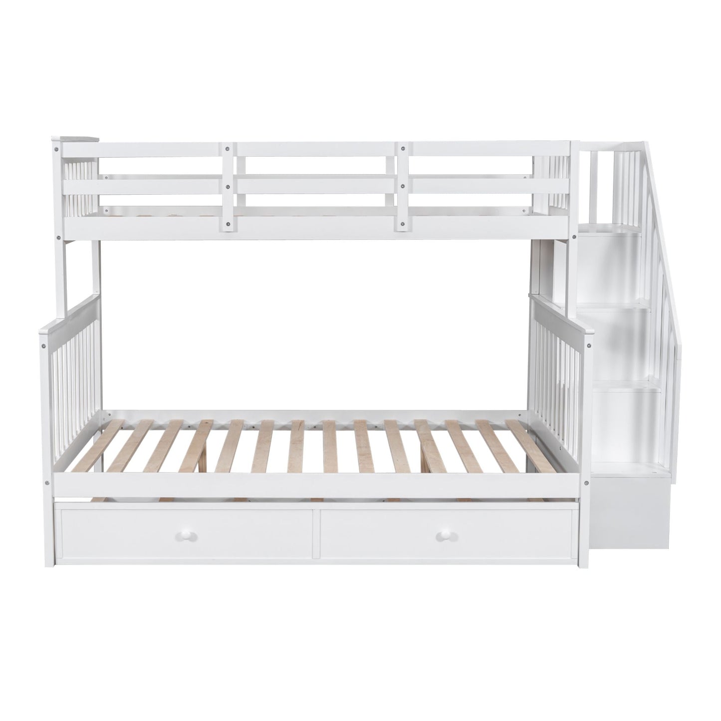 Heavy-Duty Twin Over Full Wood Bunk Bed with Twin Trundle, Storage and Guard Rail, White | Just Better Bunk Beds