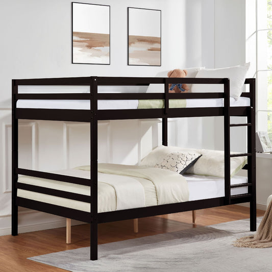 Dorm Room Full Over Full Wood Bunk Bed with Ladder and Guardrail, Espresso | Just Better Bunk Beds