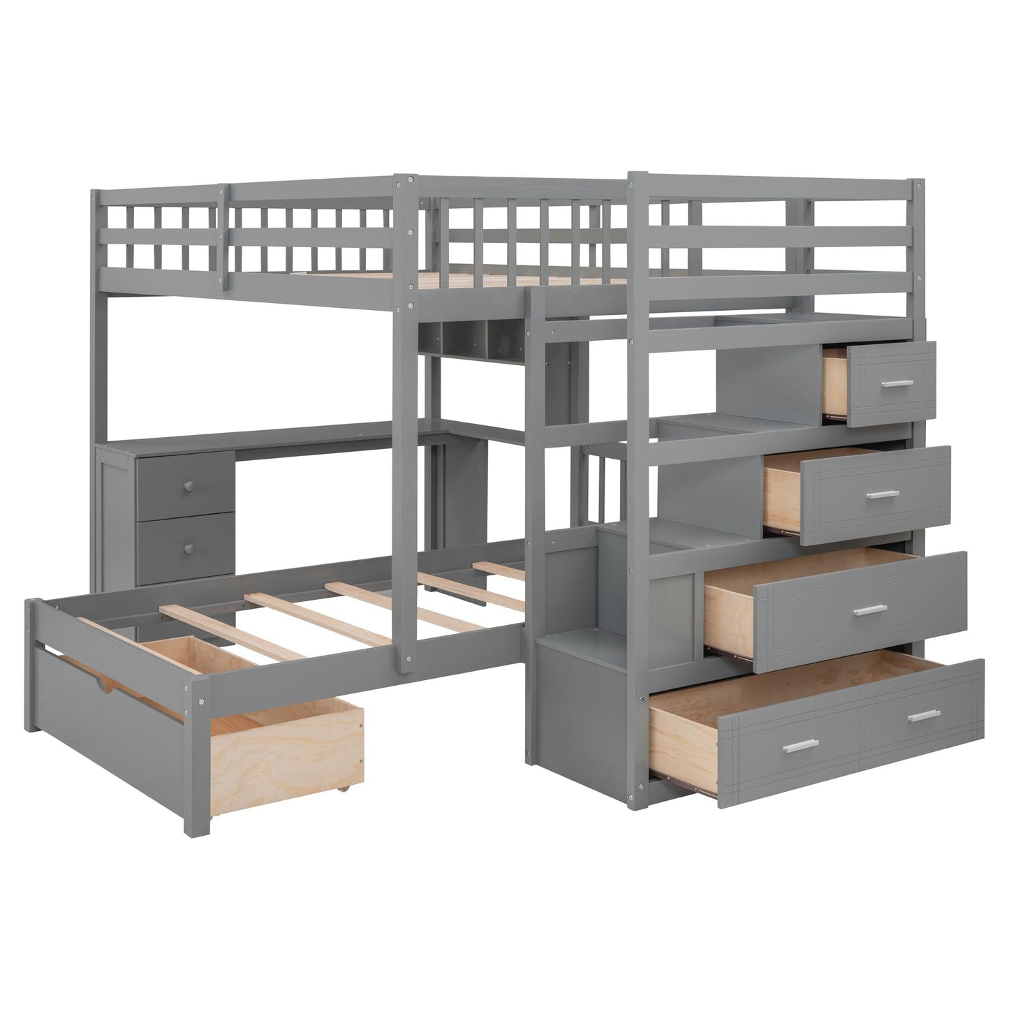 Shared Room Solution Full Over Twin Wood Bunk Bed with Desk, Drawers and Shelves, Gray | Just Better Bunk Beds