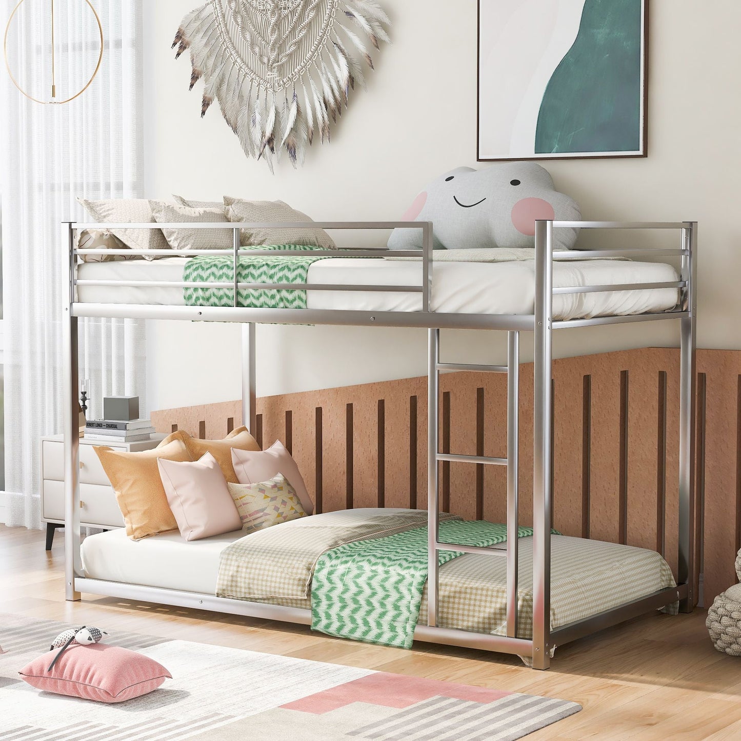 Low Profile Twin Over Twin Metal Bunk Bed with Ladder, White | Just Better Bunk Beds