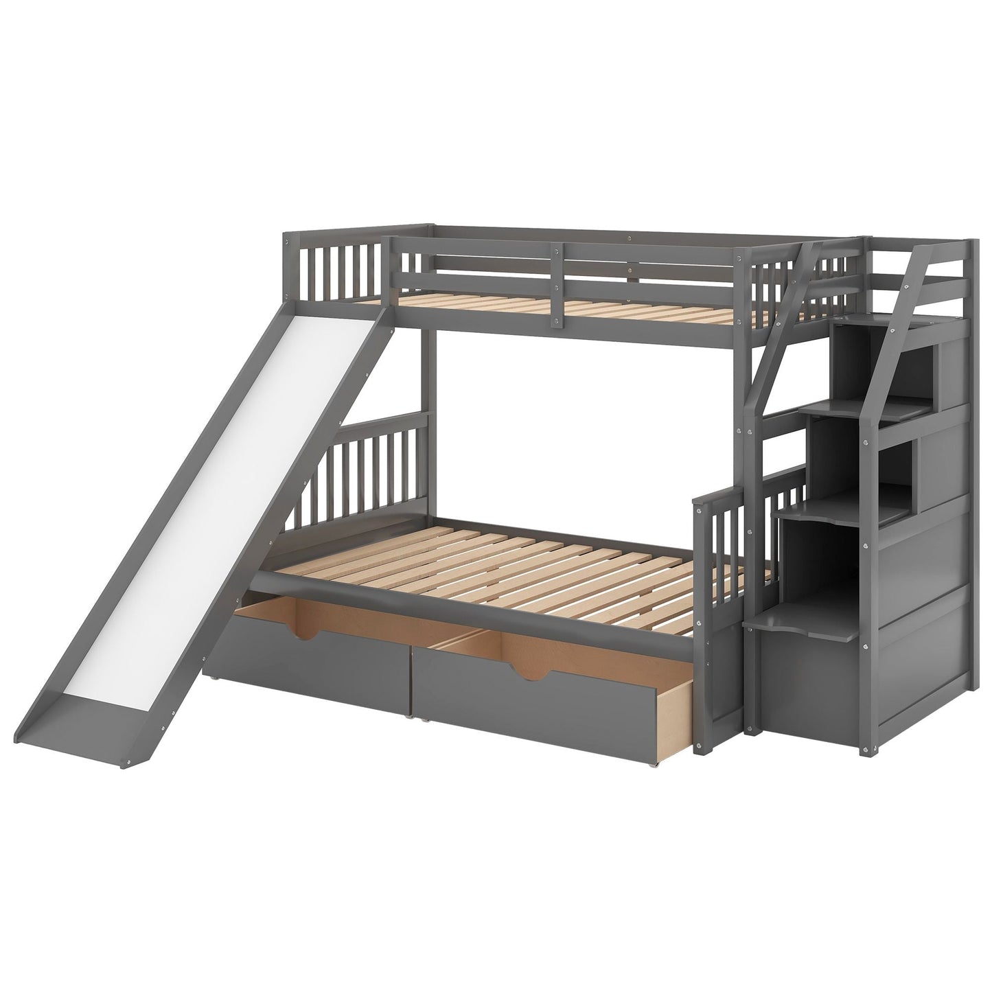 Multifunction Twin Over Full Wood Bunk Bed with Drawers, Storage and Slide, Gray | Just Better Bunk Beds