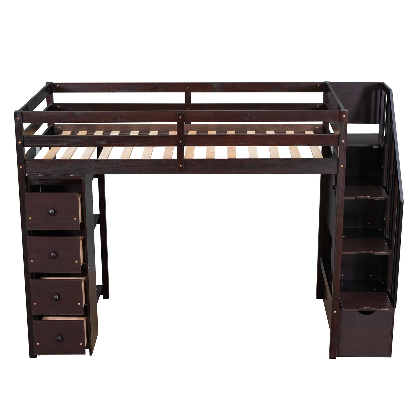 Kids Bedroom Twin Wood Loft Bed with Storage Drawers and Stairs, Espresso | Just Better Bunk Beds