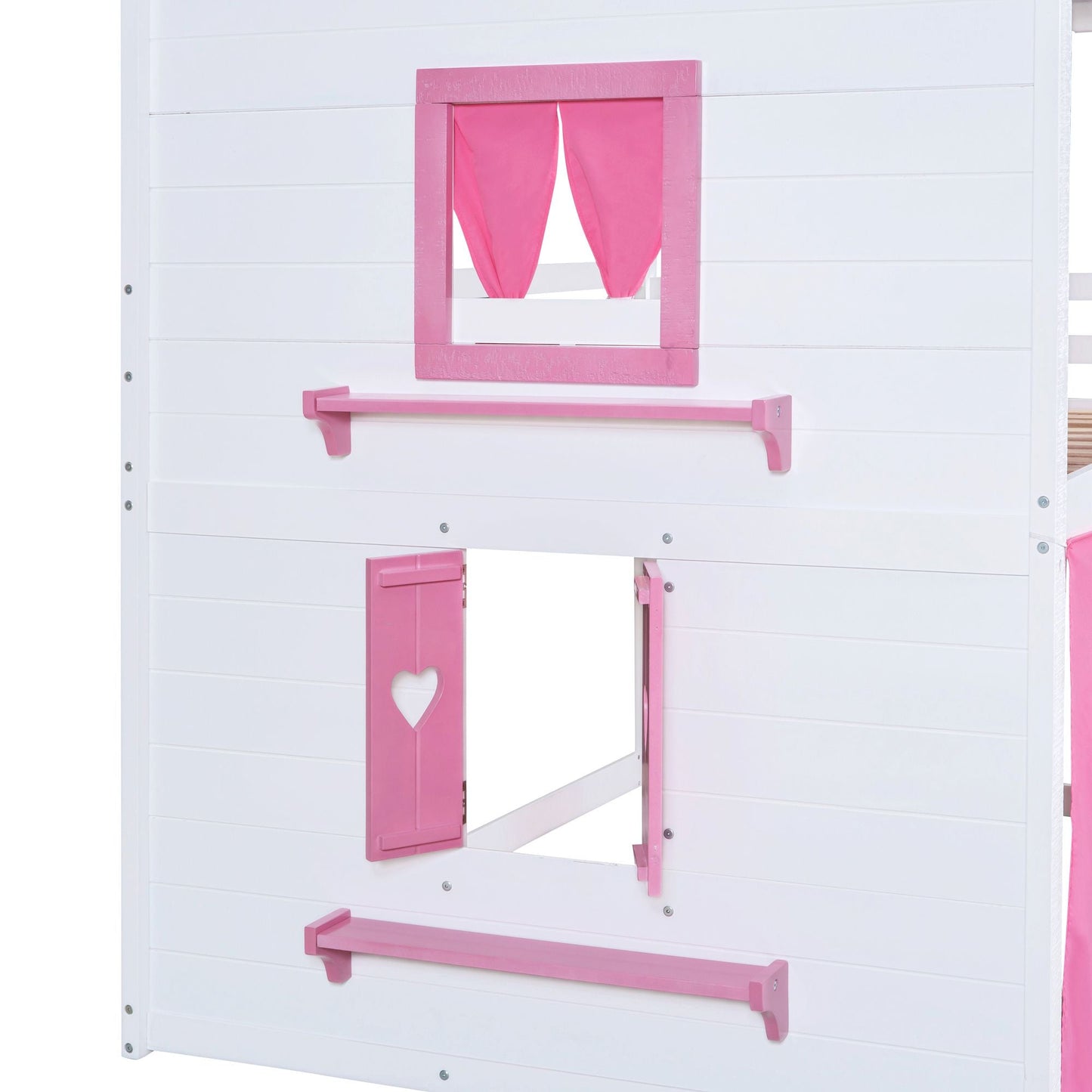 House-Style Full Wood Bunk Bed with Windows, Sills and Tent, Pink and White | Just Better Bunk Beds
