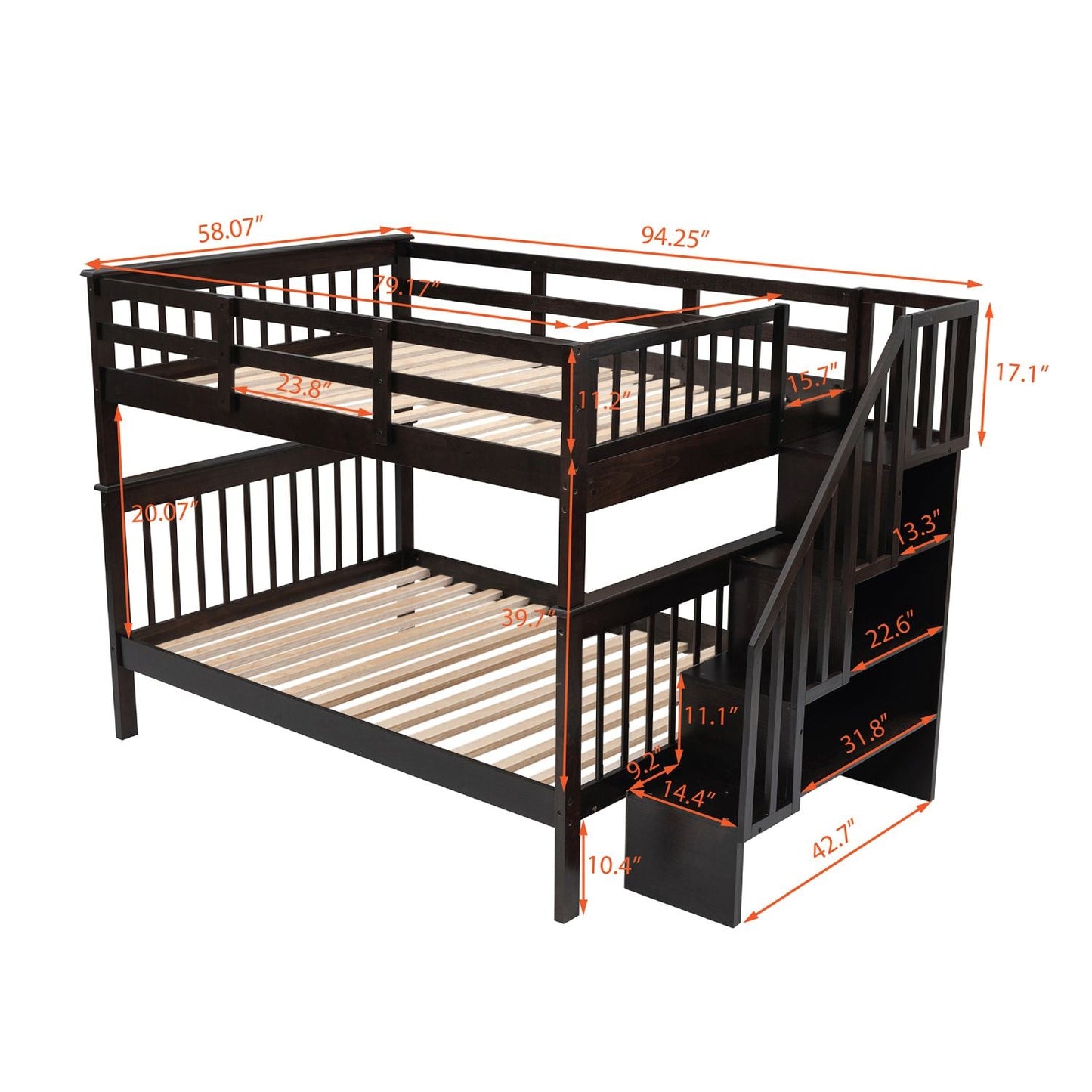 Staircase Storage Full Over Full Wood Bunk Bed with Storage and Guard Rail, Espresso | Just Better Bunk Beds