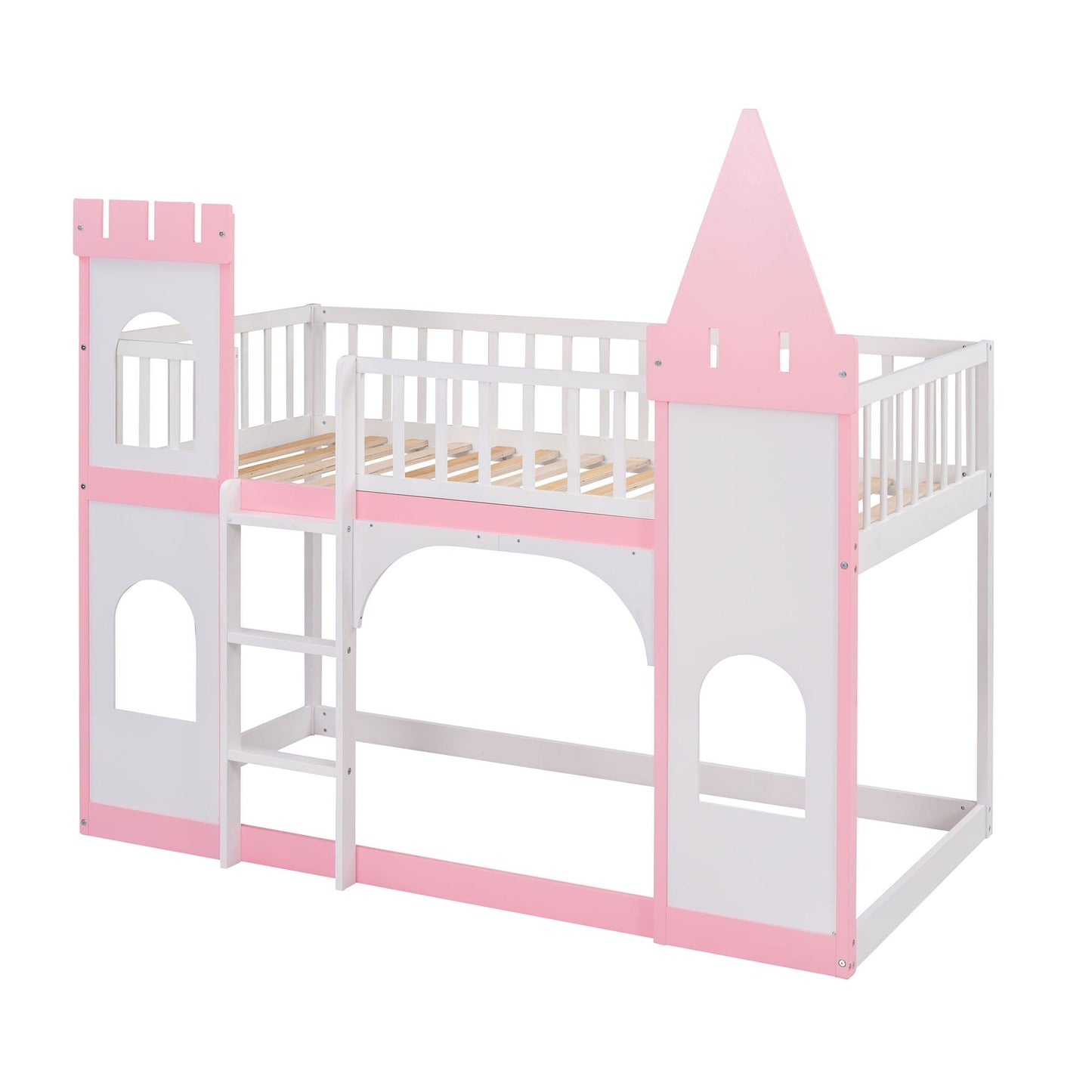 House-Style Twin Over Twin Wood Castle Bunk Bed with Ladder, Pink | Just Better Bunk Beds