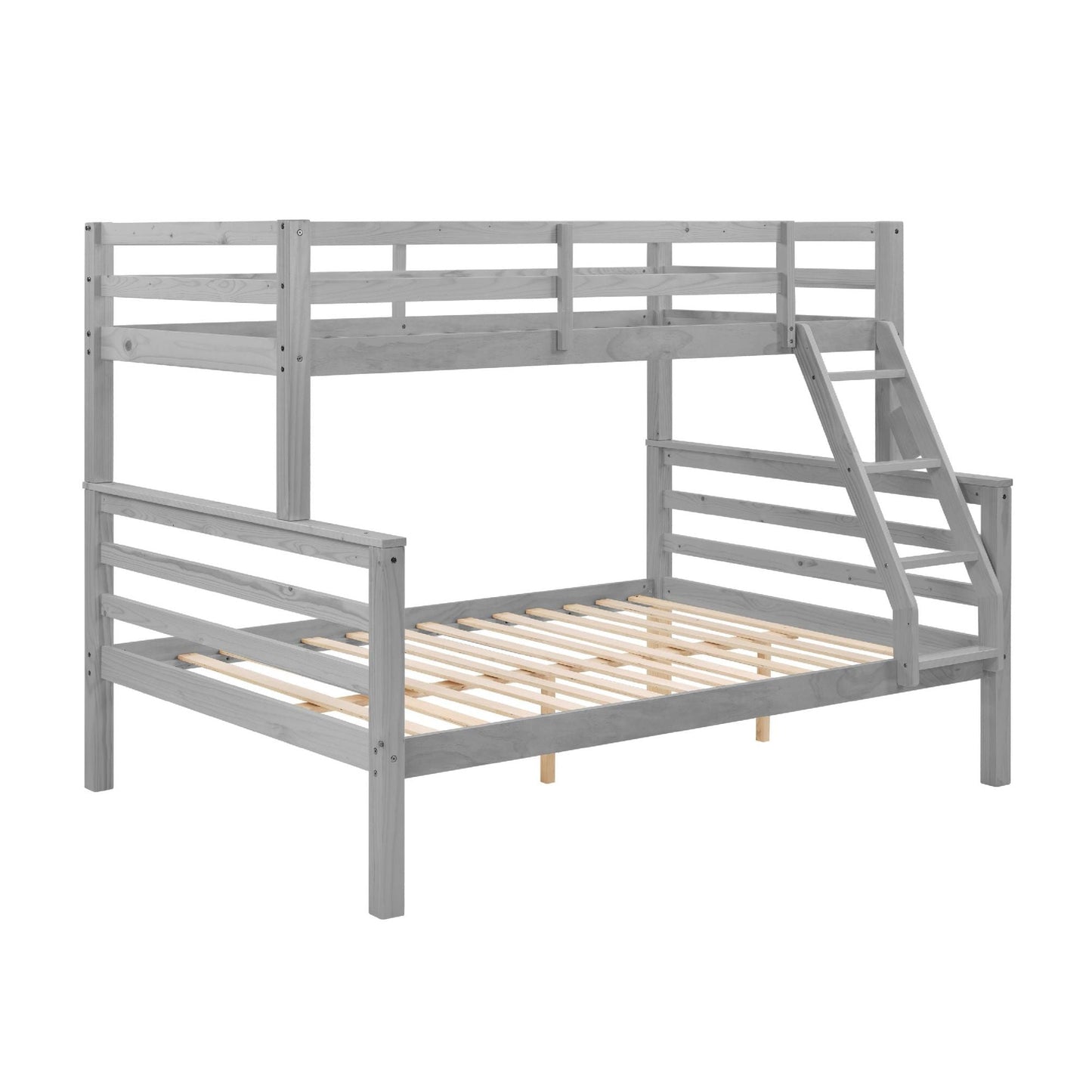 Durable Twin Over Full Wood Bunk Bed with Thick Posts, High Guardrail, Ladder, Gray | Just Better Bunk Beds