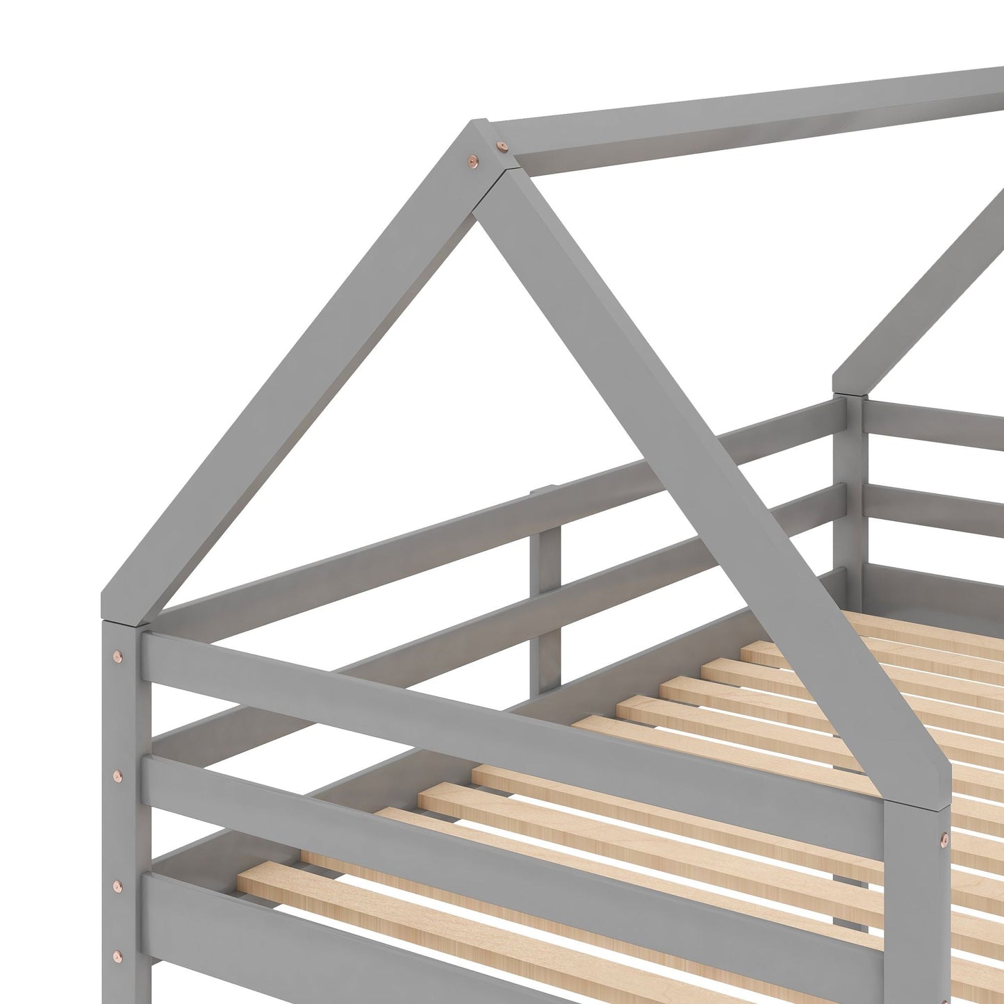 House-Style Low Twin Over Twin Wood Bunk Bed with Ladder, Gray | Just Better Bunk Beds