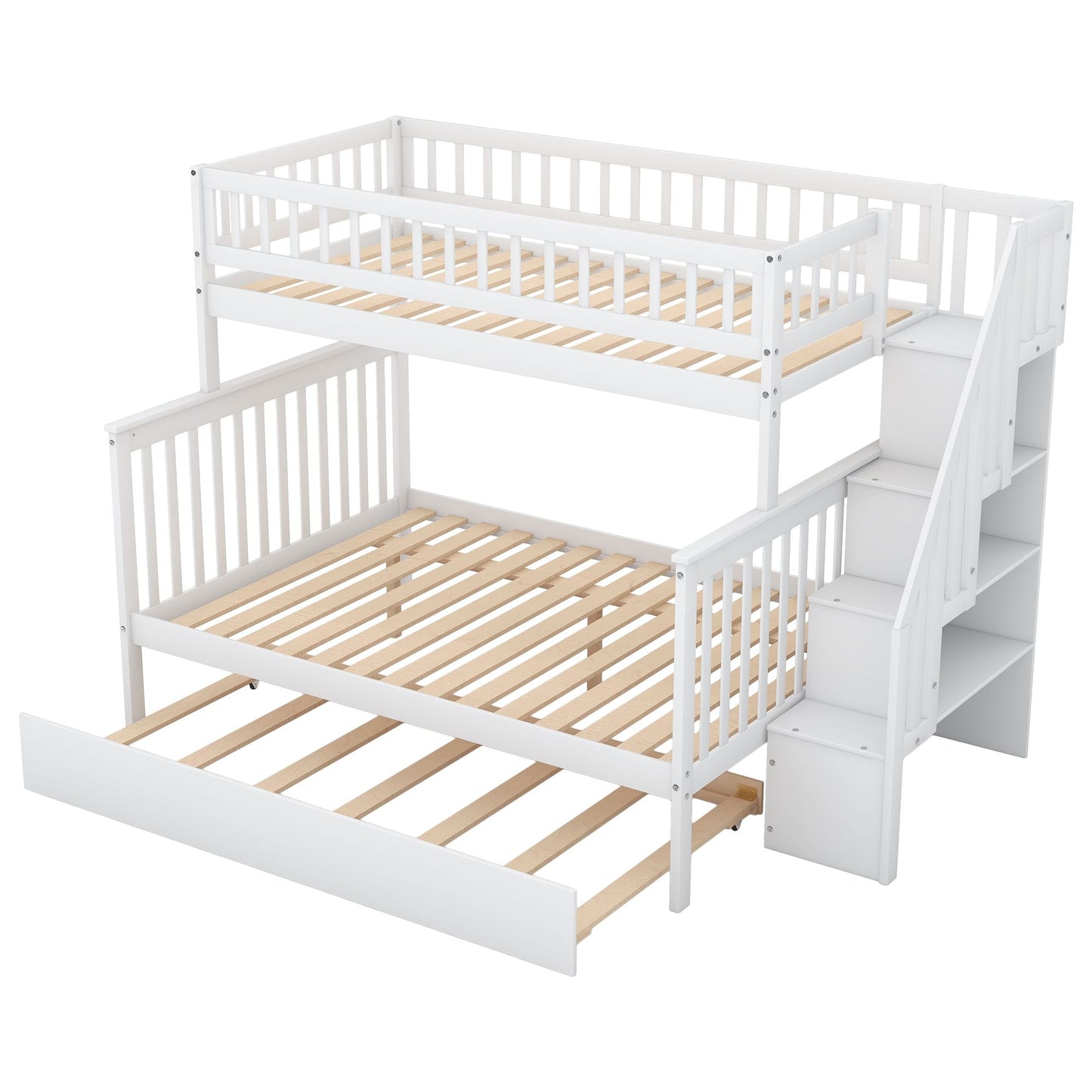 Twin over Full Bunk Bed with Trundle and Staircase, White