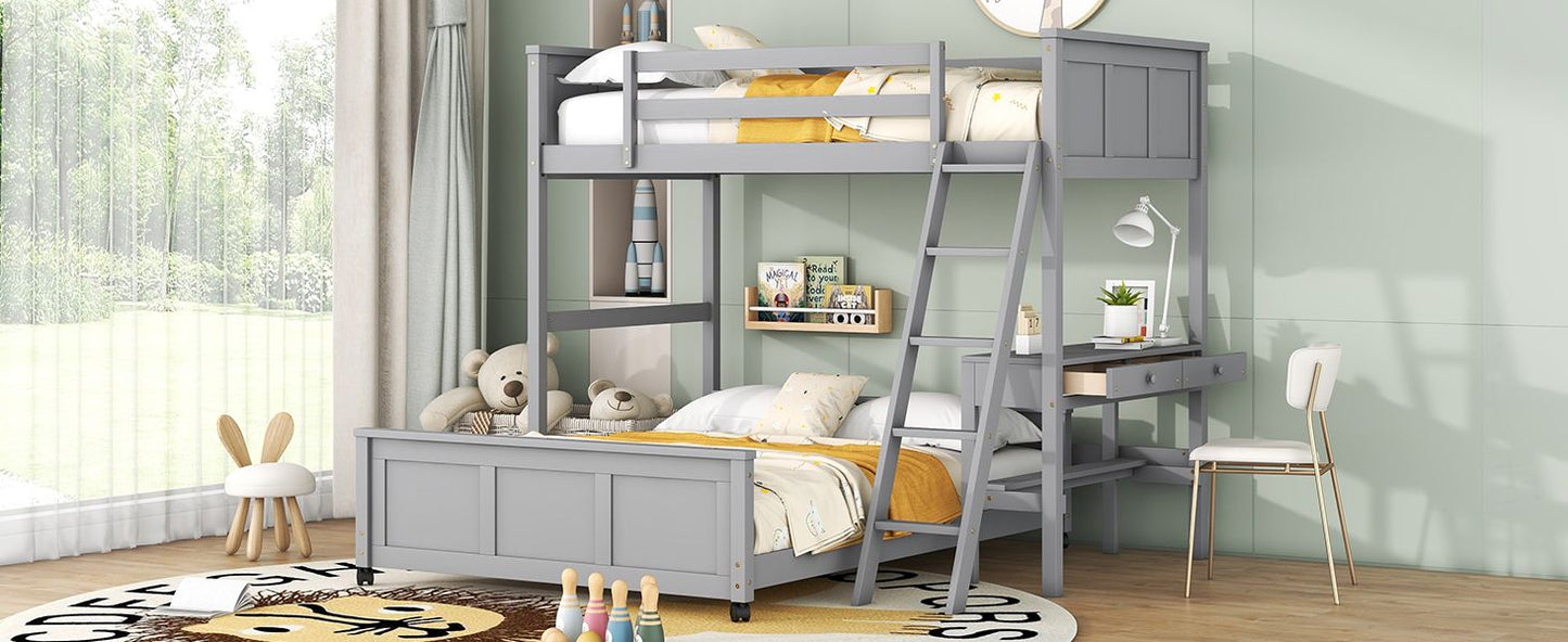 Twin Over Full Bunk Bed with Desk,  Gray