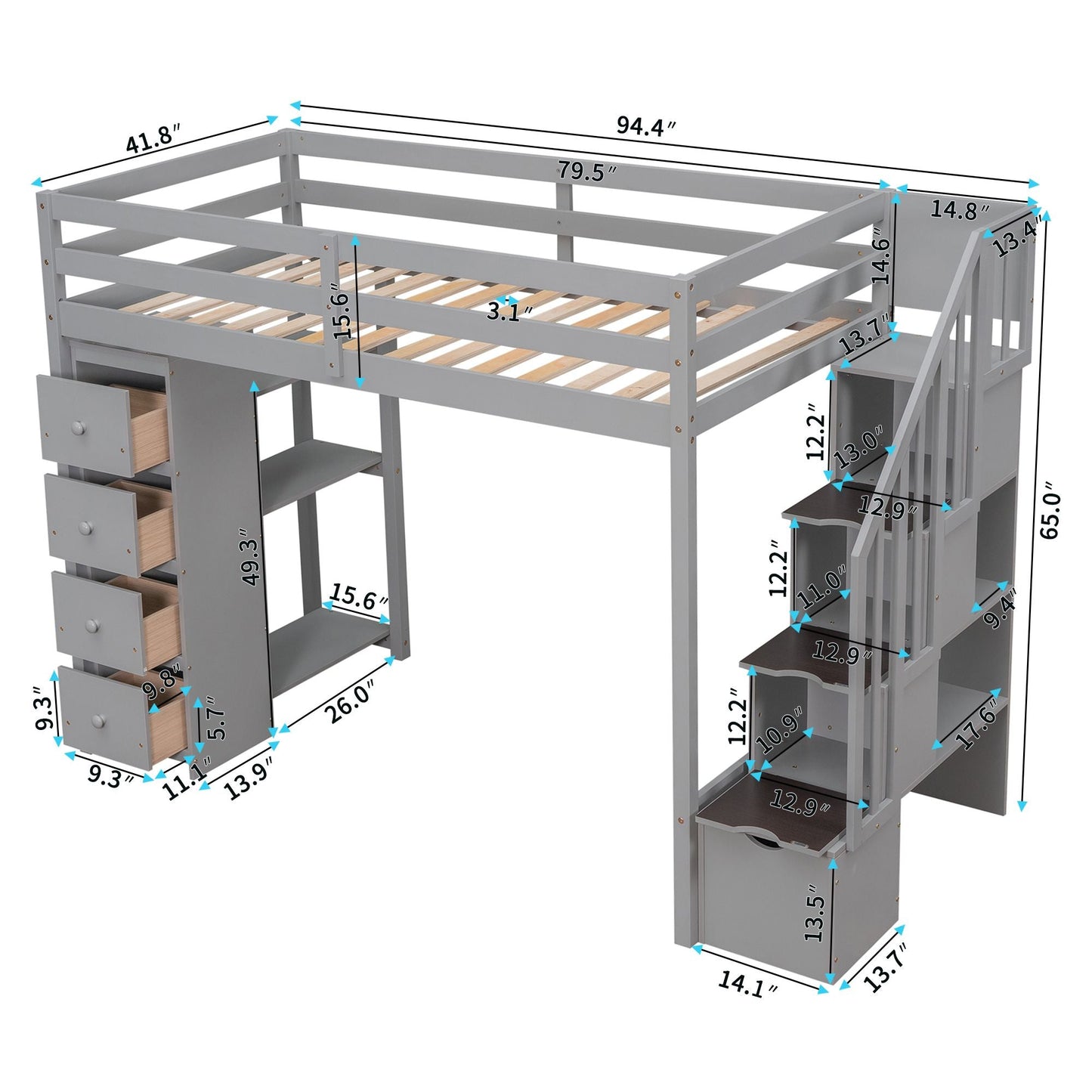 Kids Bedroom Twin Wood Loft Bed with Storage Drawers and Stairs, Espresso | Just Better Bunk Beds