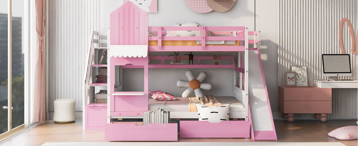 House-Style Full Over Full Wood Castle Bunk Bed with Drawers, Shelves, and Slide, Pink | Just Better Bunk Beds