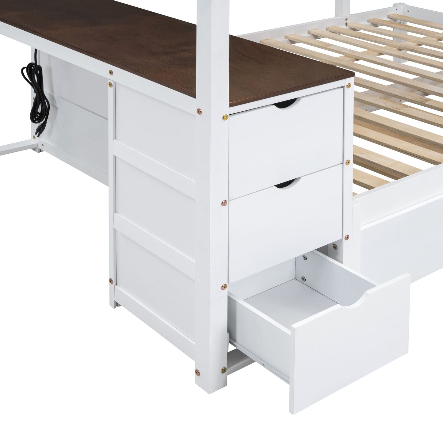 Shared Room Solution Full Over Full Wood Bunk Bed with Twin Trundle, Storage, Desk, White Walnut | Just Better Bunk Beds