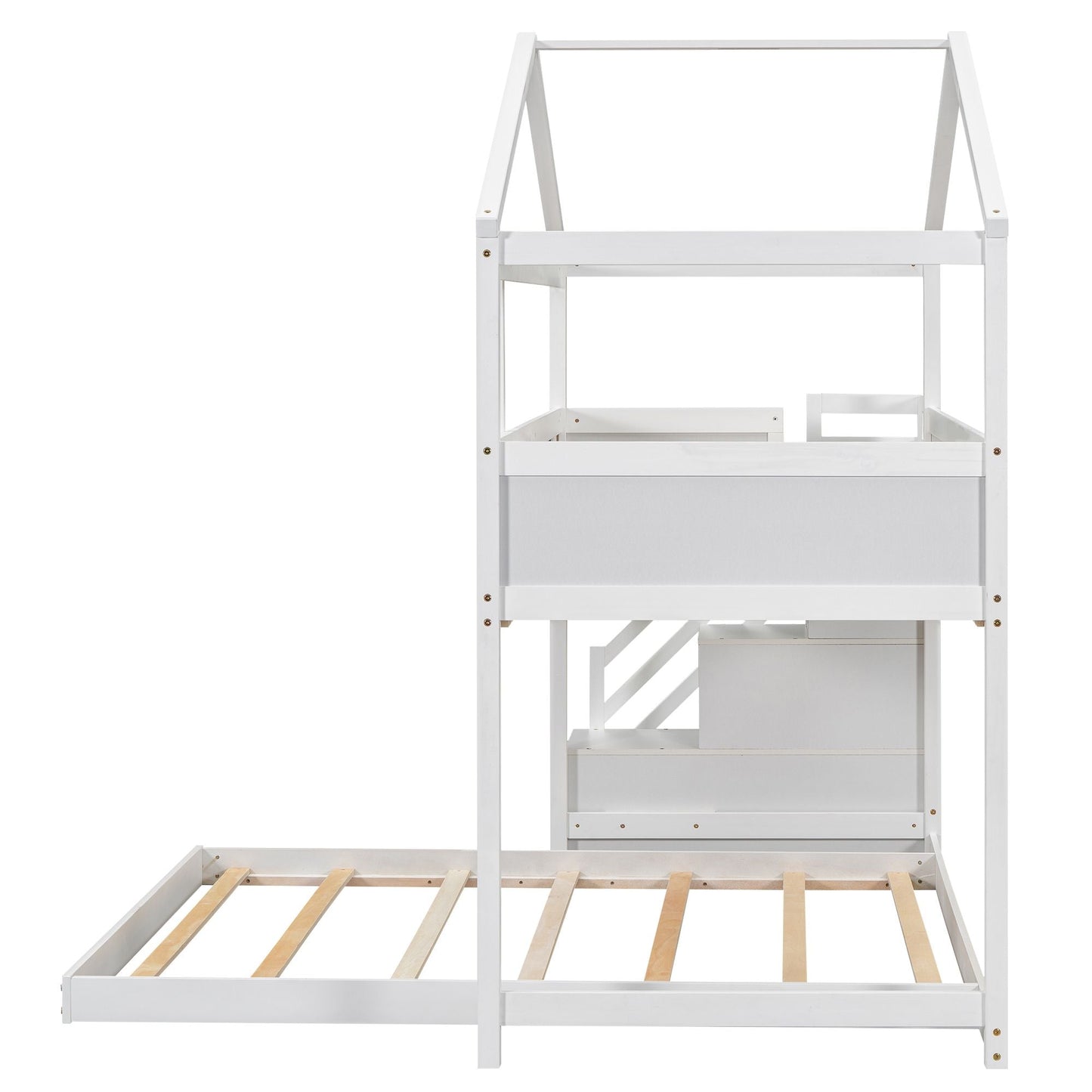 House-Style Twin Over Full Wood Bunk Bed with Storage Staircase, Blackboard, White | Just Better Bunk Beds