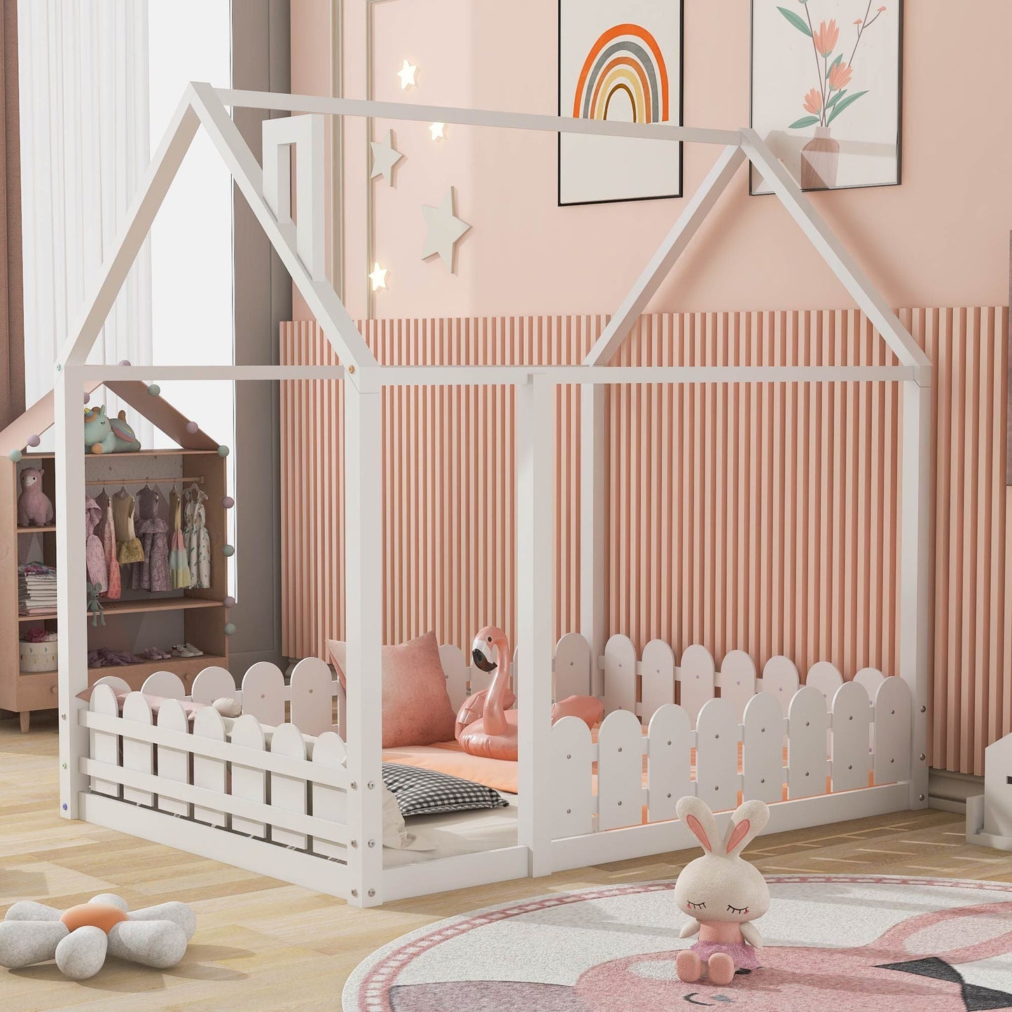 Kids Bedroom Full Wood Bed Frame with Protective Fence, White | Just Better Bunk Beds