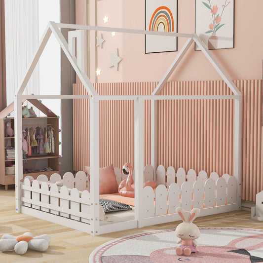 Kids Bedroom Full Wood Bed Frame with Protective Fence, White | Just Better Bunk Beds