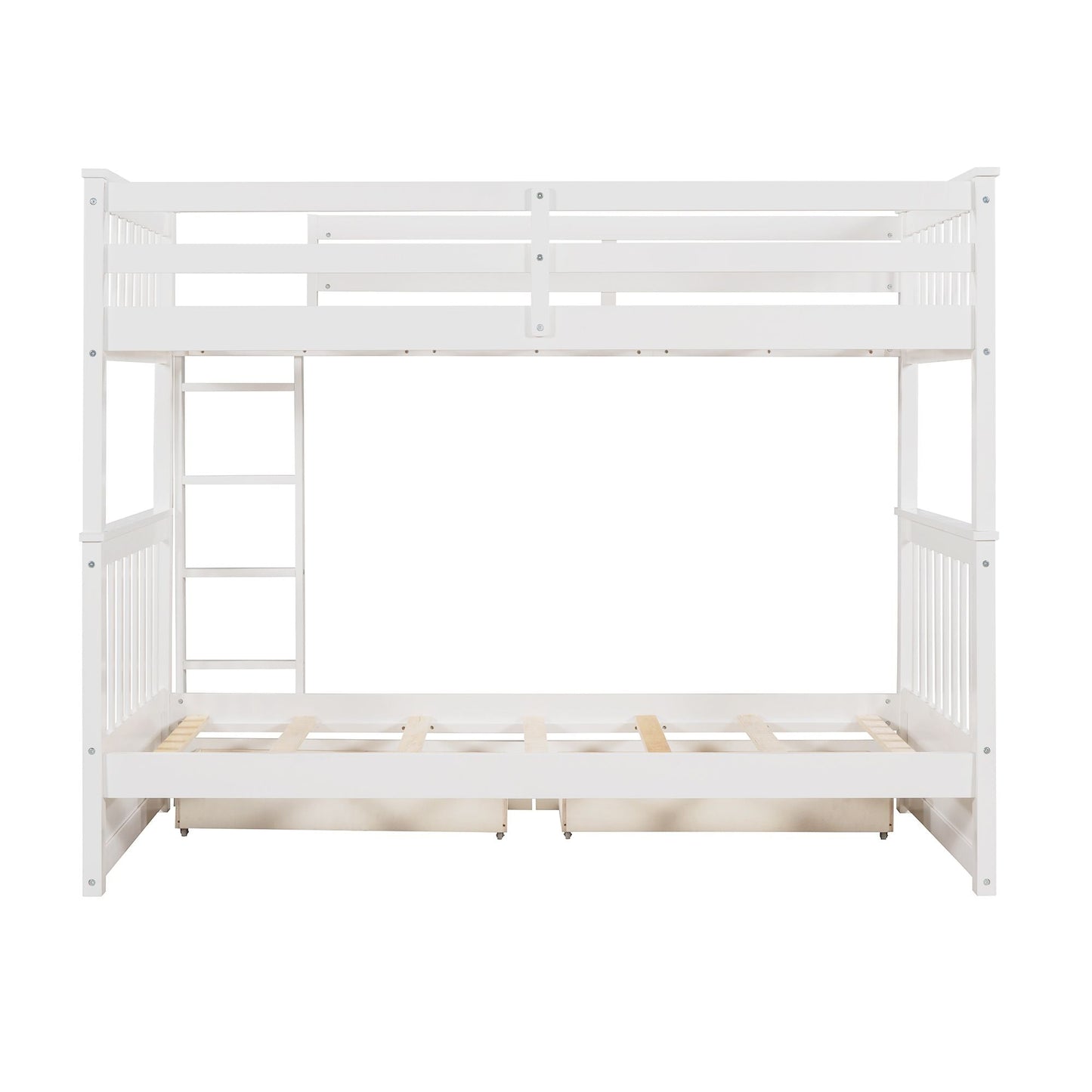 Storage-Enhanced Twin Over Twin Wood Bunk Bed with Ladders, Two Drawers, White | Just Better Bunk Beds