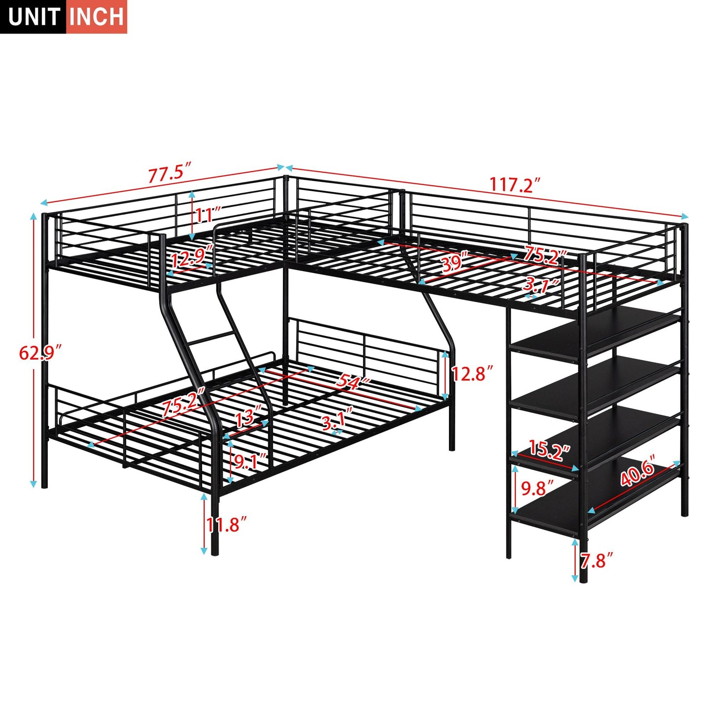 L-Shaped Metal Twin Over Full Bunk Bed and Loft Bed with Built-in Shelves, Black | Just Better Bunk Beds
