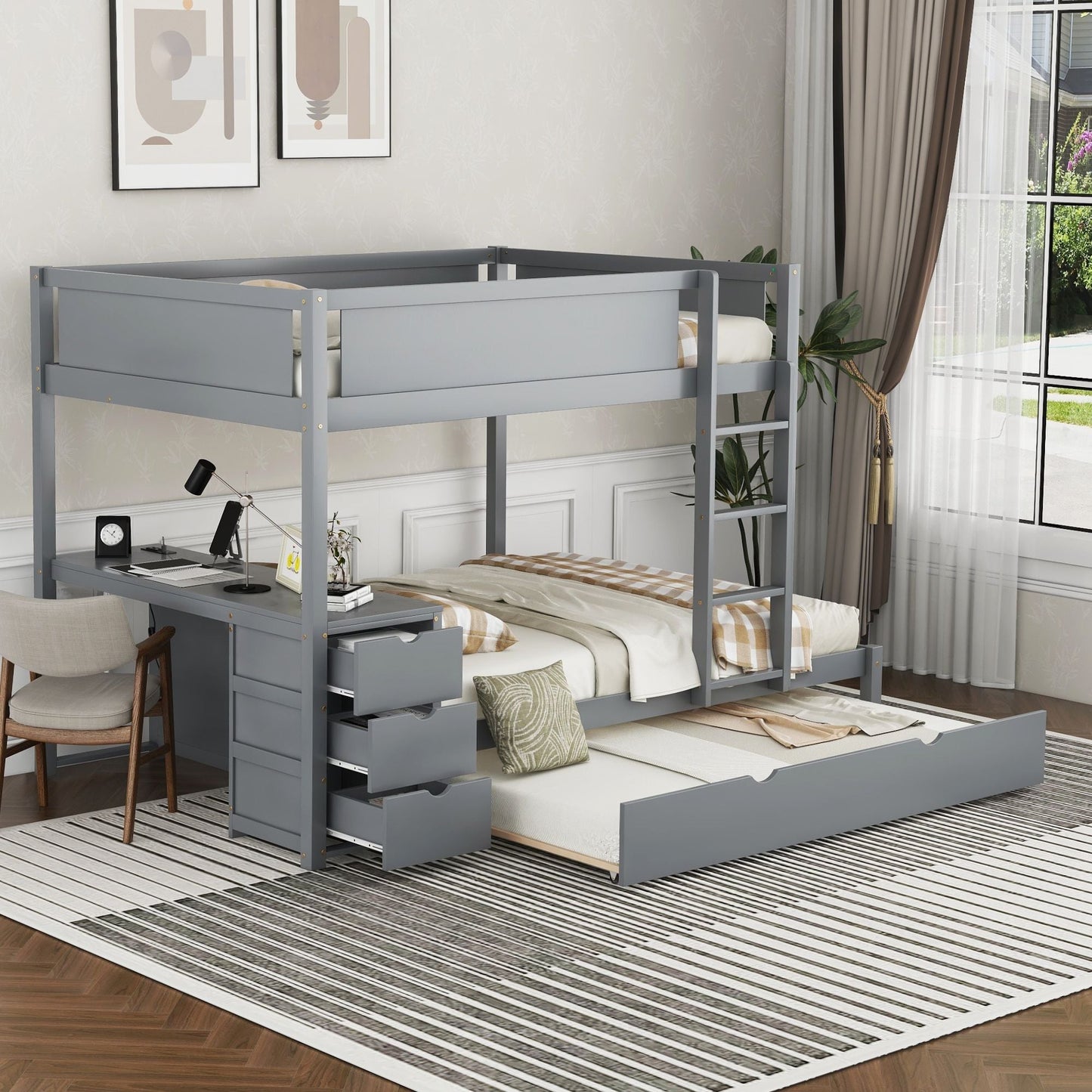 Multi-Functional Full Over Full Wood Bunk Bed with Trundle, Storage, and Desk, Gray | Just Better Bunk Beds
