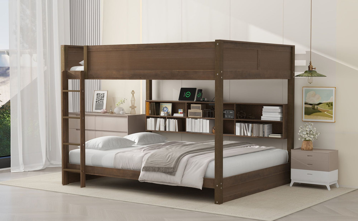 Shared Room Solution Queen Over Queen Wood Bunk Bed with Storage Cabinets and USB Ports, Natural | Just Better Bunk Beds