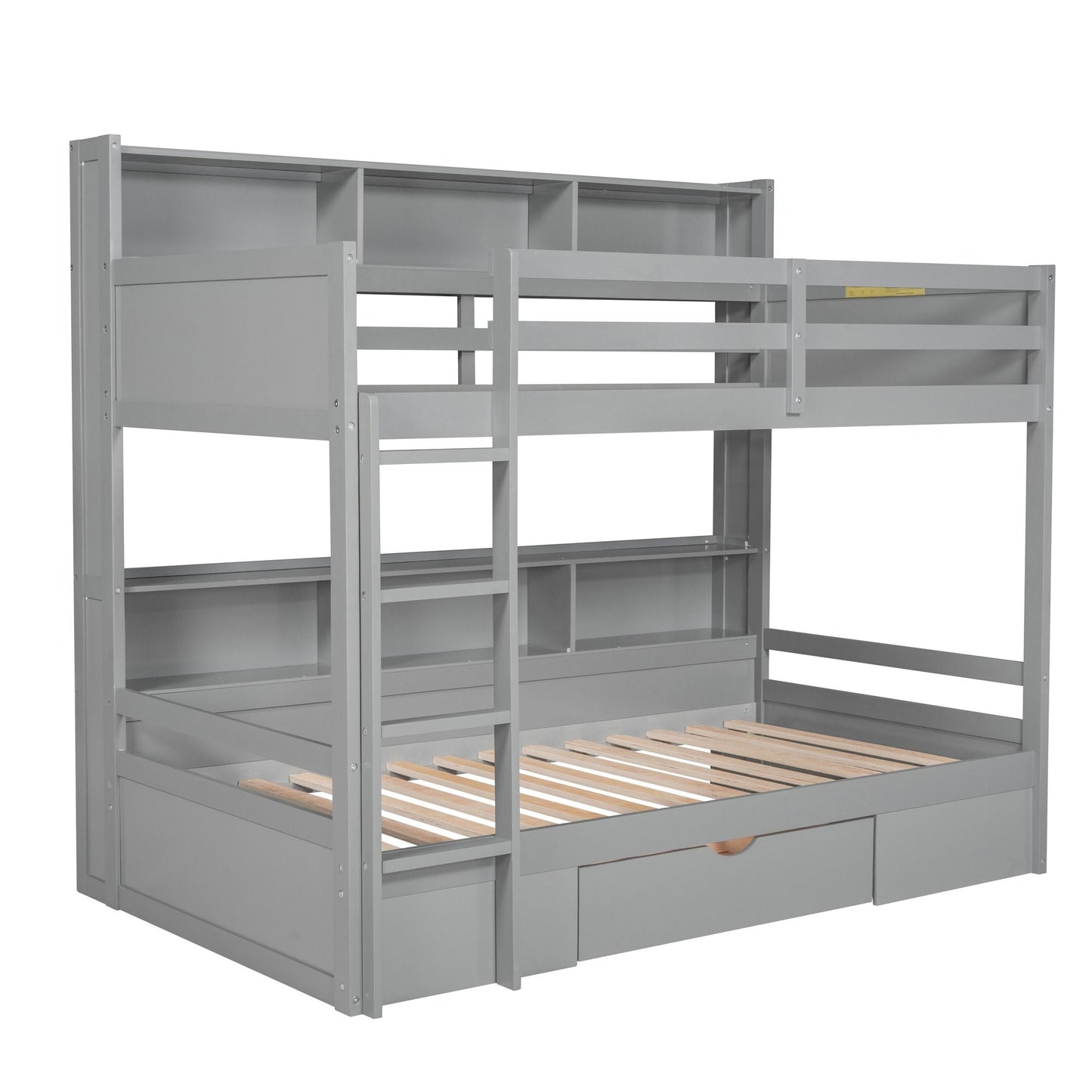 Organized Twin Wood Bunk Bed with Built-In Shelves and Storage Drawer, White | Just Better Bunk Beds