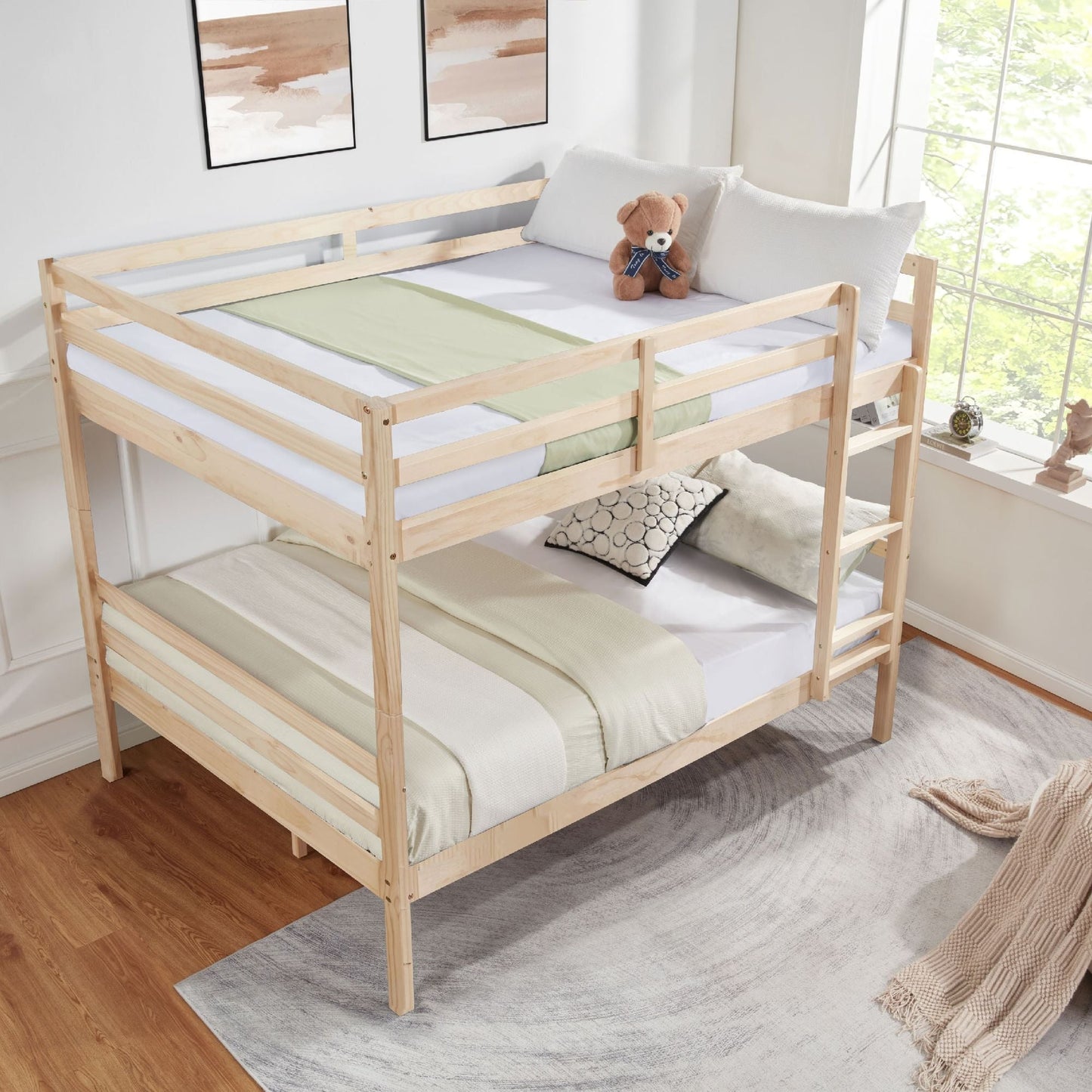 Dorm Room Full Over Full Wood Bunk Bed with Ladder and Guardrail, Natural | Just Better Bunk Beds