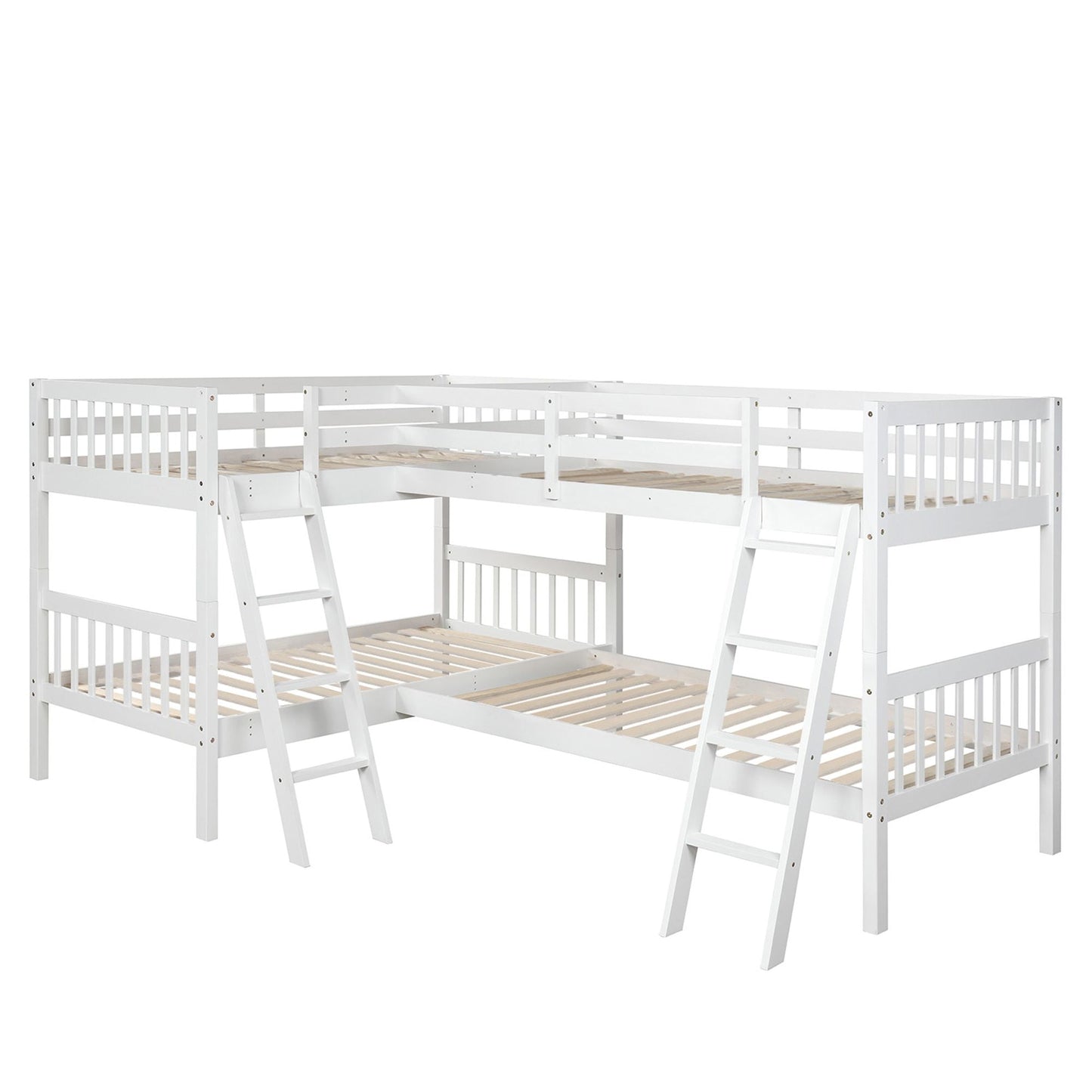 Space-Saving L-Shaped Twin Wood Bunk Bed with Ladder and Safety Guardrail, Gray | Just Better Bunk Beds