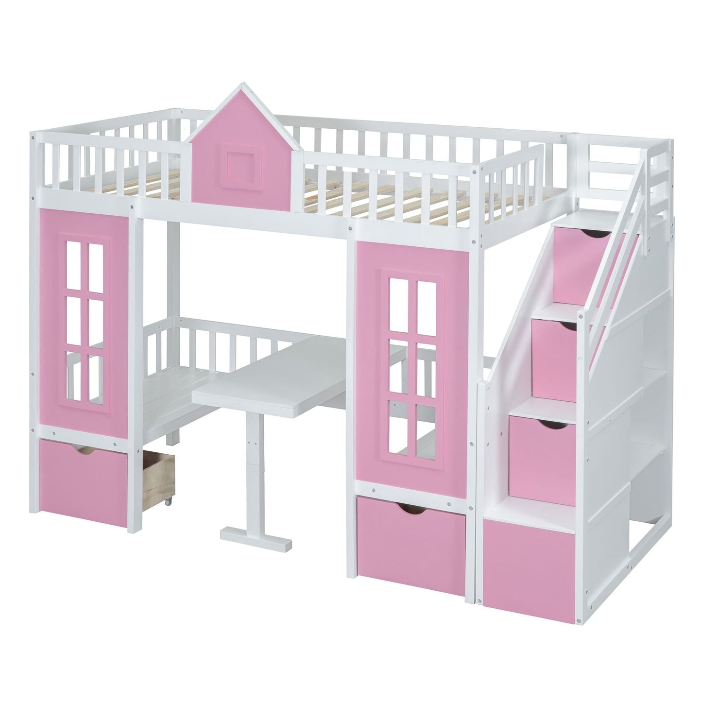Kids Bedroom Twin Over Twin Wood Bunk Bed with Changeable Table and Desk, Pink | Just Better Bunk Beds