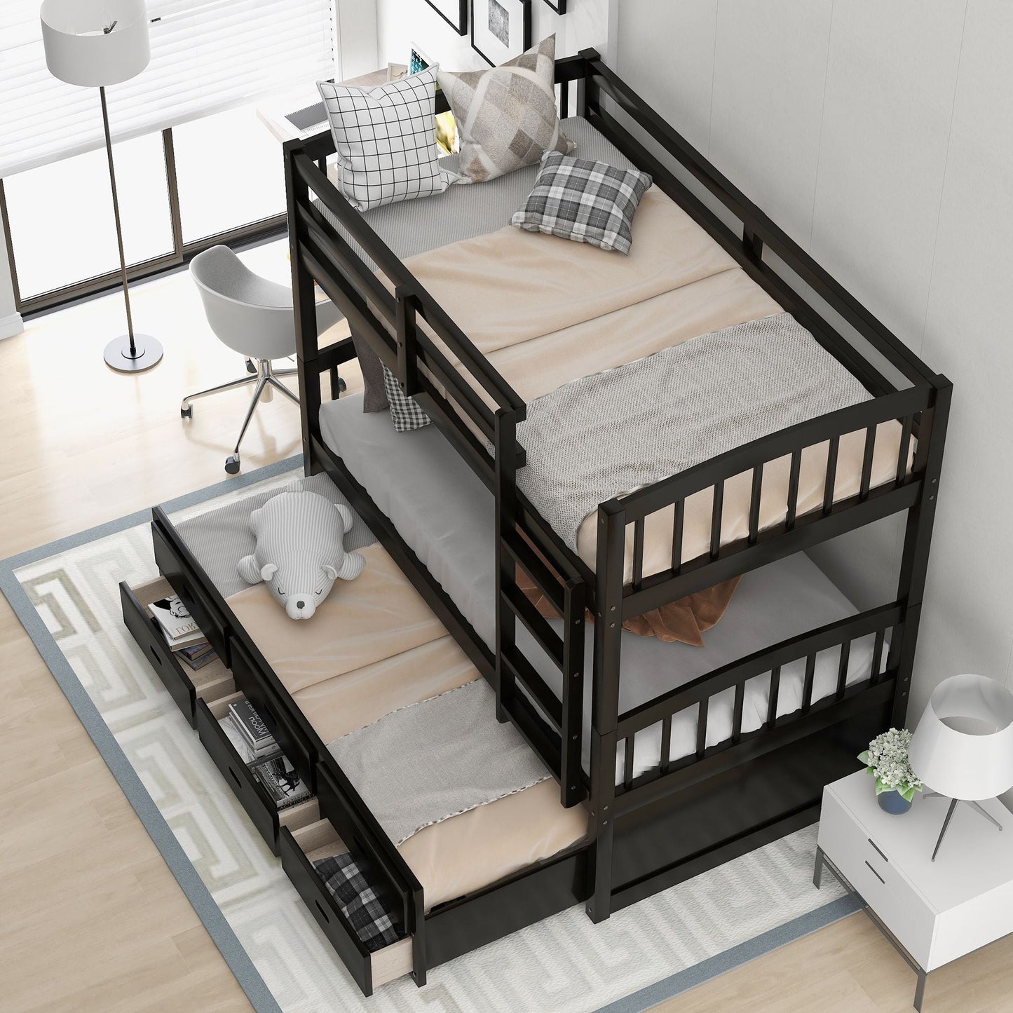 Space-Saving Twin Over Twin Wood Bunk Bed with Trundle and Drawers, White | Just Better Bunk Beds