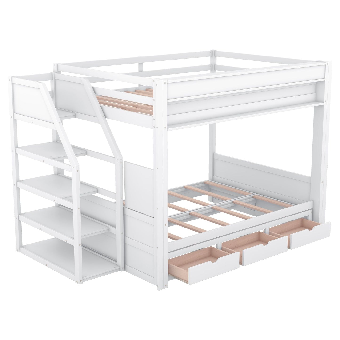 Convertible Full Wood Bunk Bed with Storage Staircase, Bedside Table, 3 Drawers, White | Just Better Bunk Beds