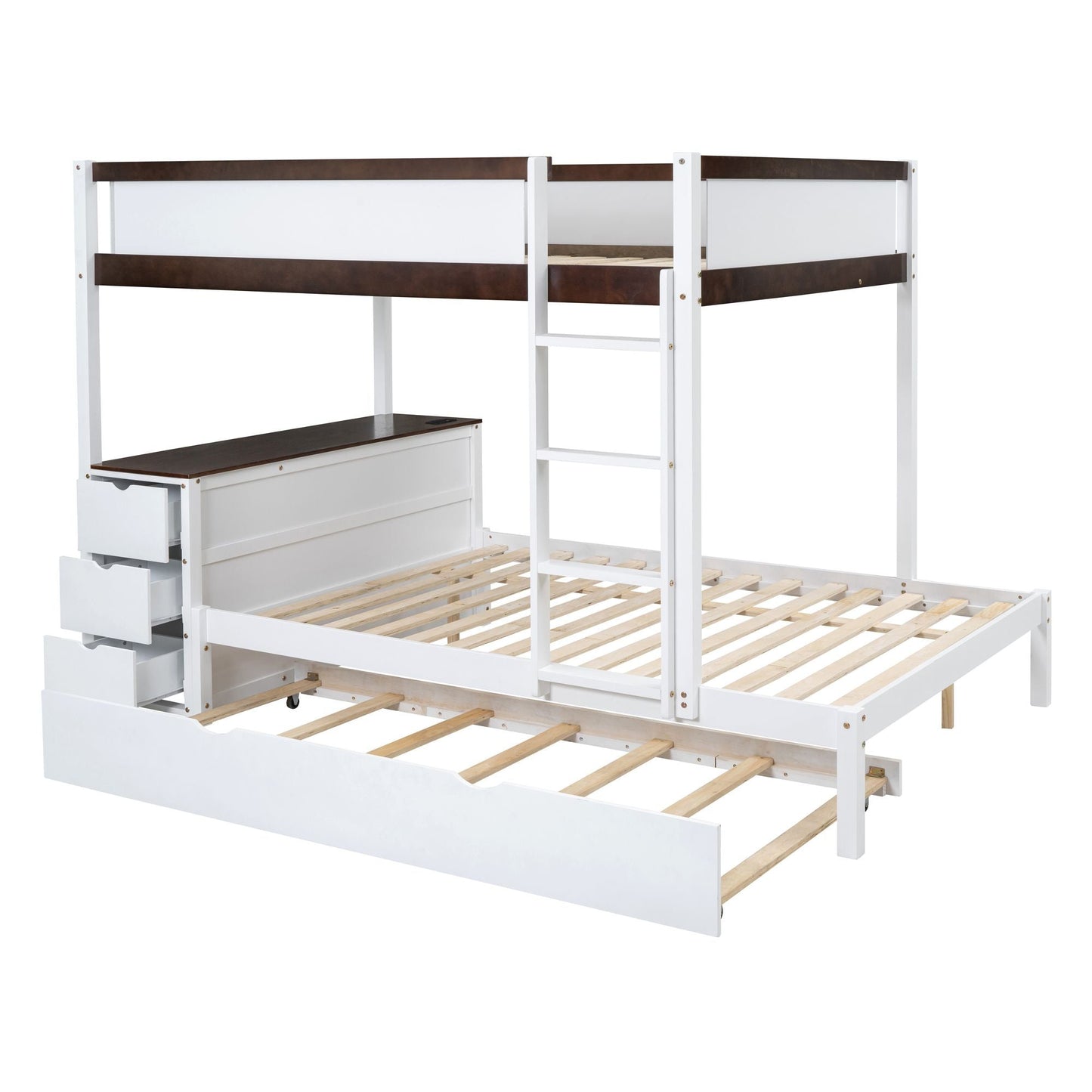 Shared Room Solution Full Over Full Wood Bunk Bed with Twin Trundle, Storage, Desk, White Walnut | Just Better Bunk Beds
