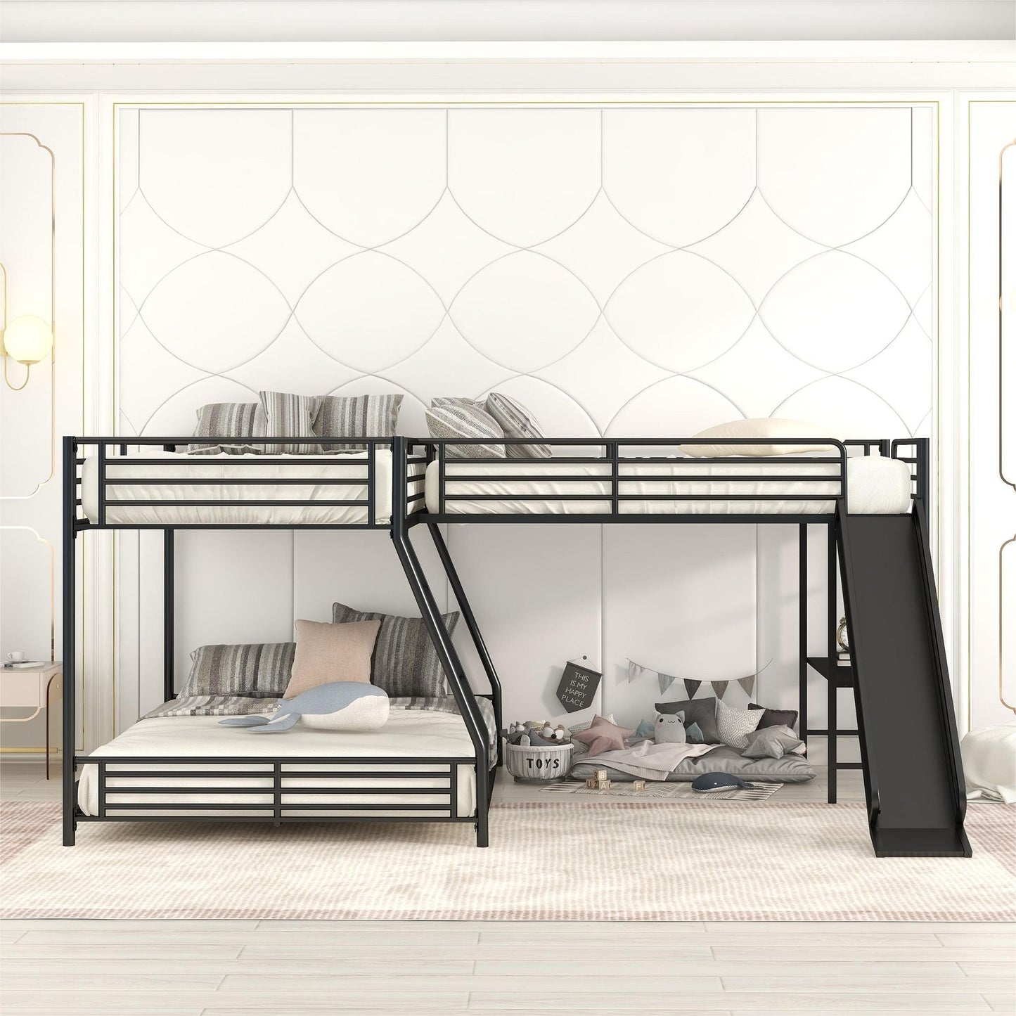 L-Shaped Twin Over Full Wood Bunk Bed with Twin Loft, Black with Built-In Desk and Slide | Just Better Bunk Beds