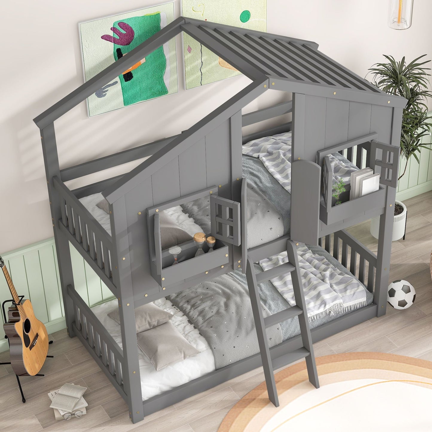 House-Style Twin Over Twin Wood Bunk Bed with Roof, Window, Door, and Ladder, Multiple Colors | Just Better Bunk Beds