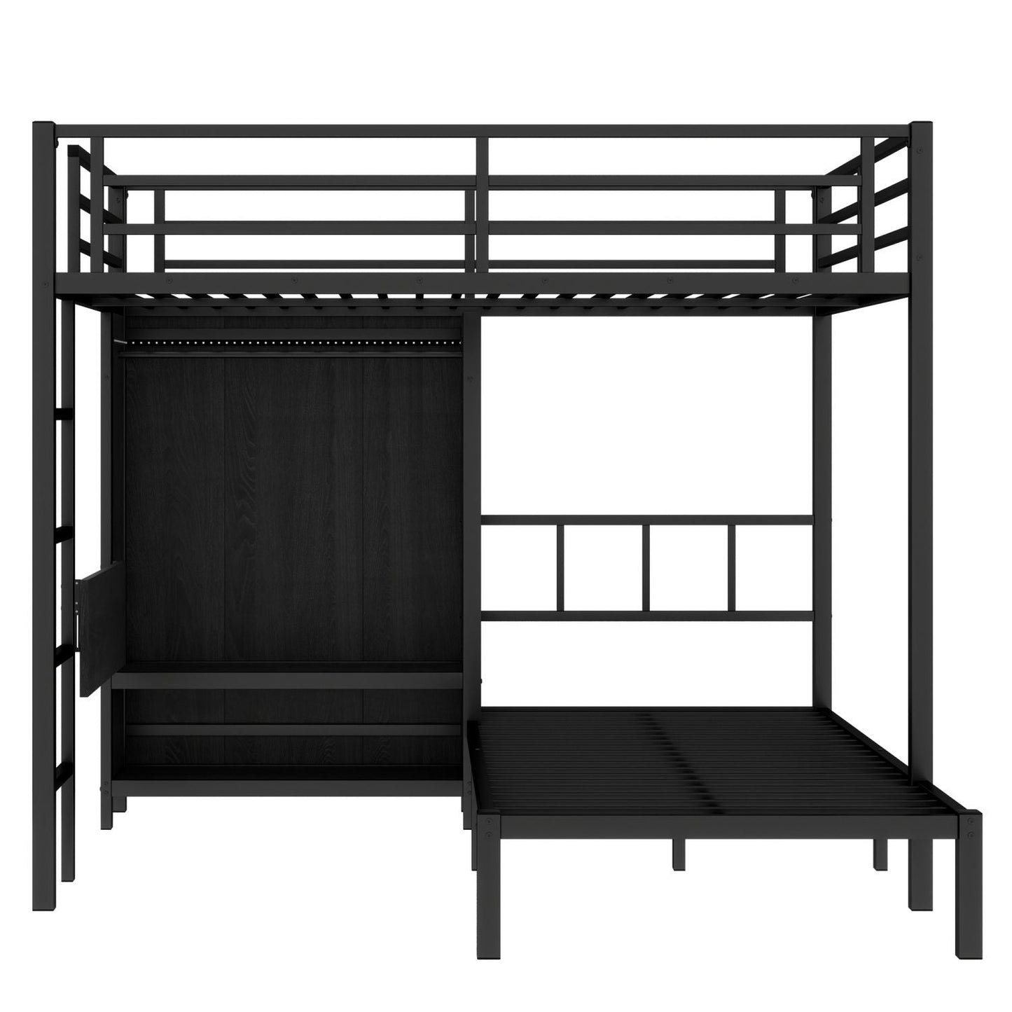 Space-Saving Full XL Over Twin Metal Bunk Bed with Folding Desk and LED Closet, Black | Just Better Bunk Beds
