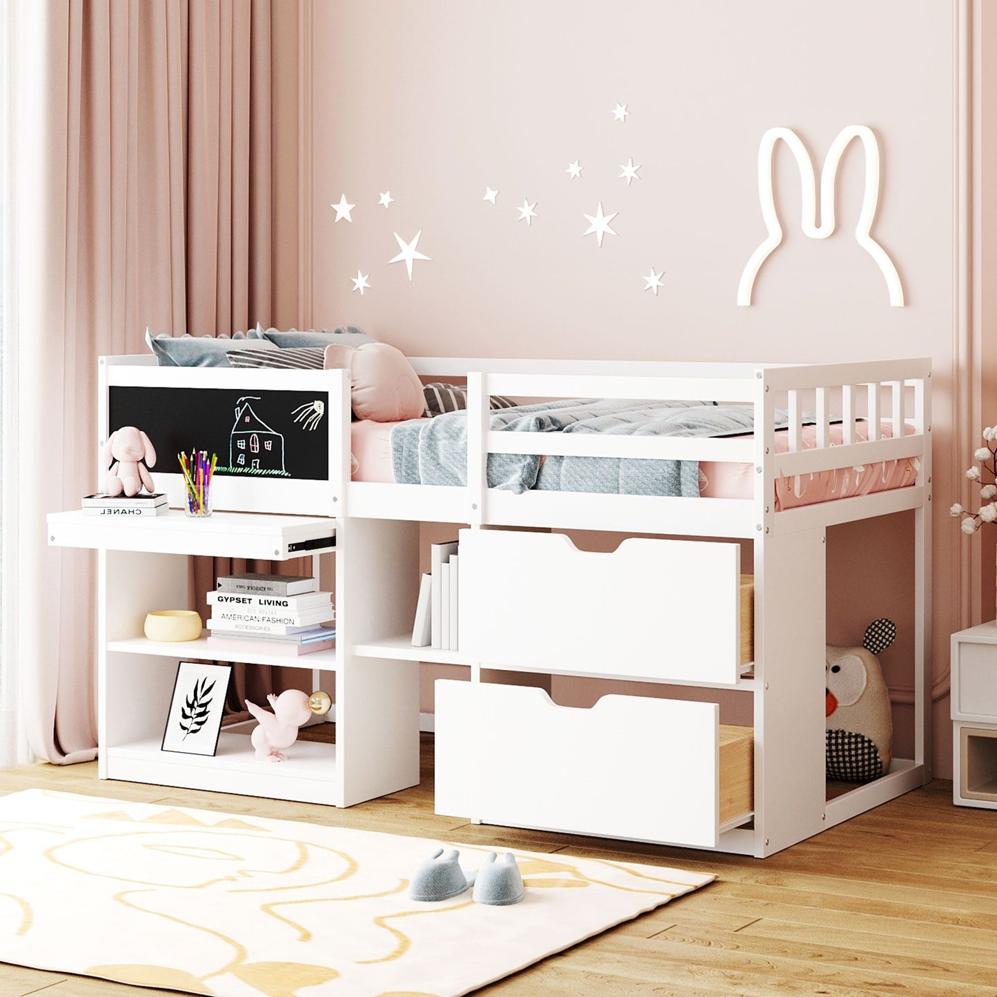 Space-Saving Twin Low Loft Wood Bed with Rolling Desk, Shelf, Drawers, White | Just Better Bunk Beds